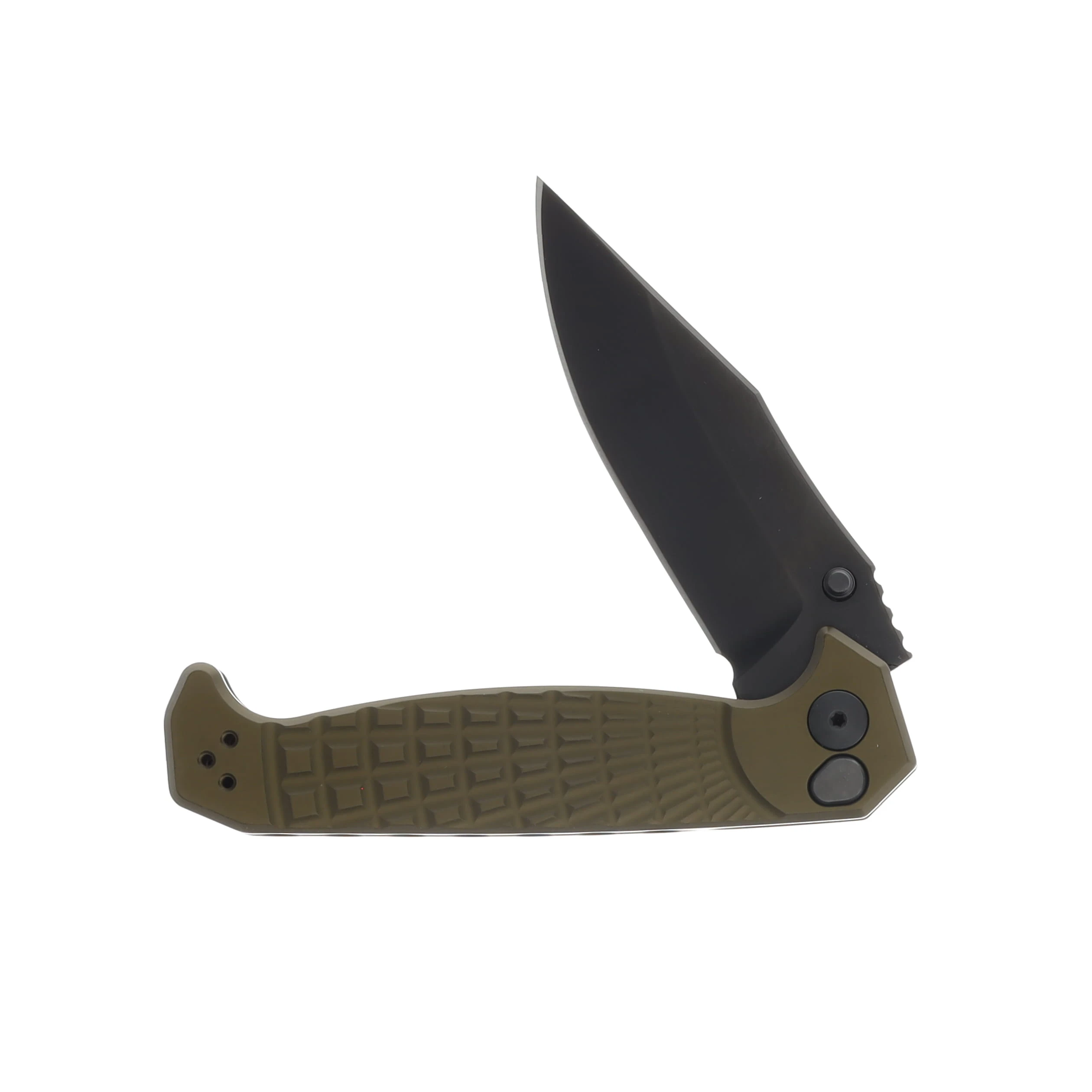 Half Face Blades Crow Folder- Anodized OD Green Handle, Black Nitride Blade, Grenade Stippled Grip, Deep Carry Pocket Clip HFCROWFLDANOOD View 3