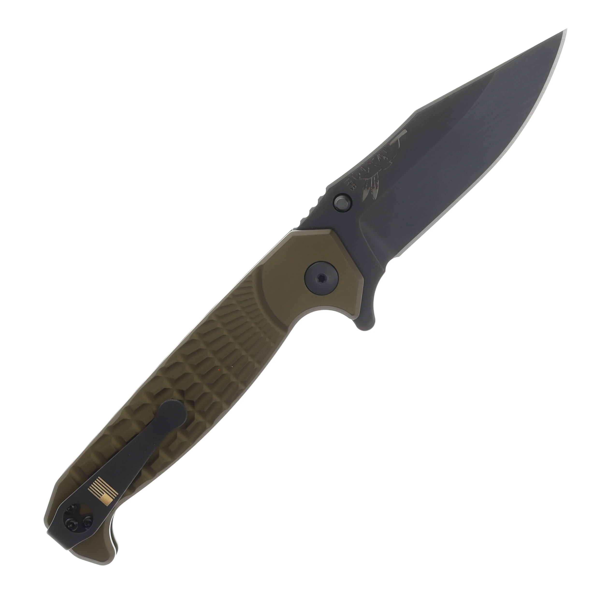 Half Face Blades Crow Folder- Anodized OD Green Handle, Black Nitride Blade, Grenade Stippled Grip, Deep Carry Pocket Clip HFCROWFLDANOOD View 2