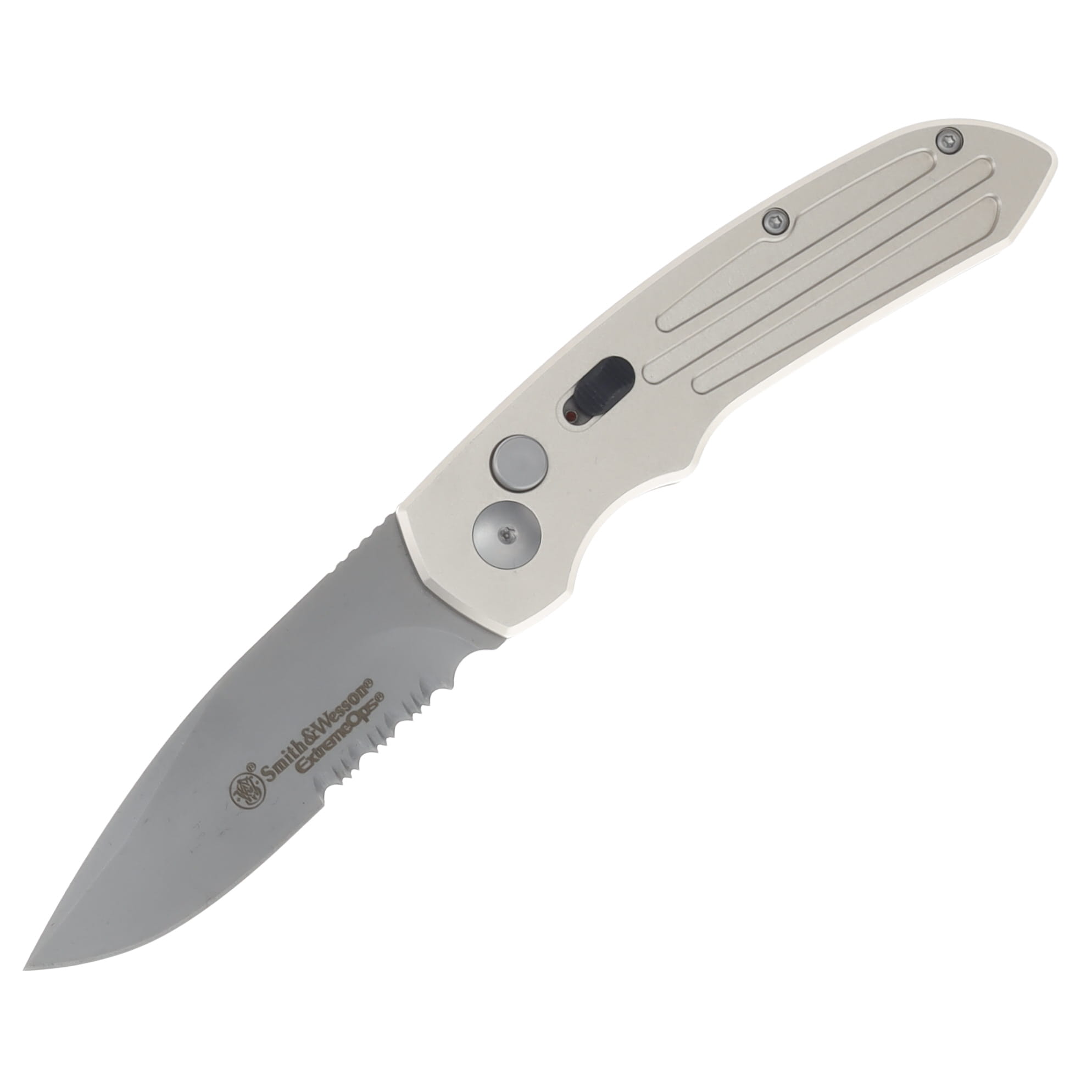 Smith & Wesson ExtremeOps Jr. Push Button OTS Auto Knife-Champagne Aluminum Handle Drop Point Partial Serrated Blade WNS-WSW-50S View 1