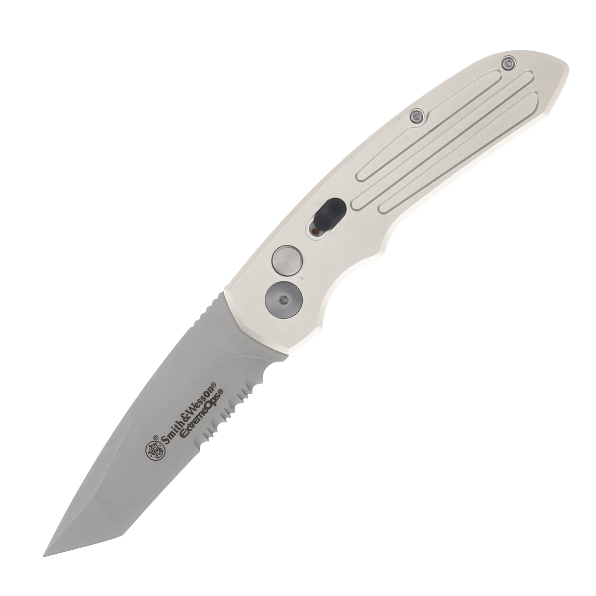 Smith & Wesson ExtremeOps Jr. Push Button OTS Auto Knife-Champagne Aluminum Handle Tanto Partial Serrated Blade WNS-WSW-50TS View 1