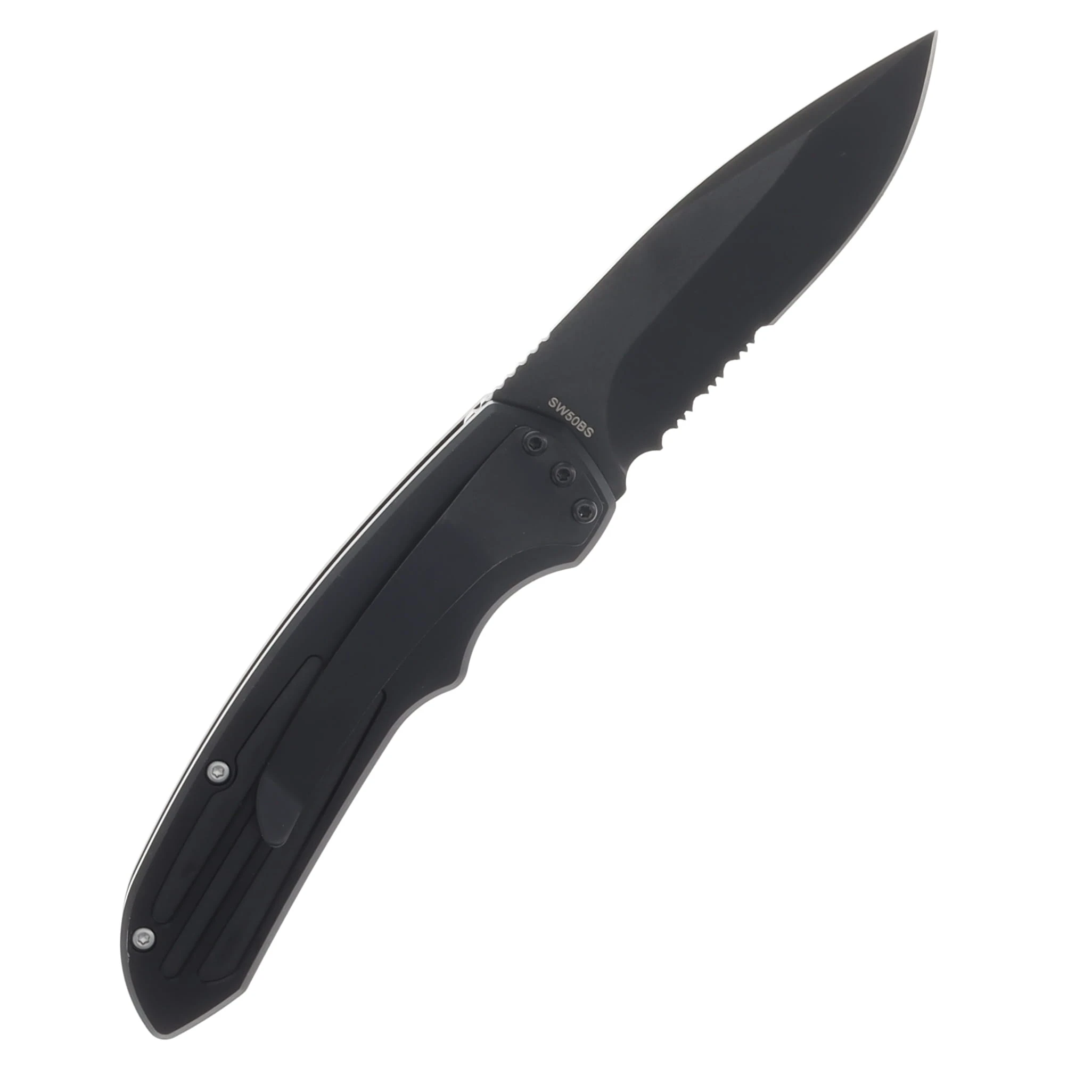 Smith & Wesson ExtremeOps Jr. Push Button OTS Auto Knife-Drop Point Partial Serrated Blade-All Black WNS-WSW-50BS View 2