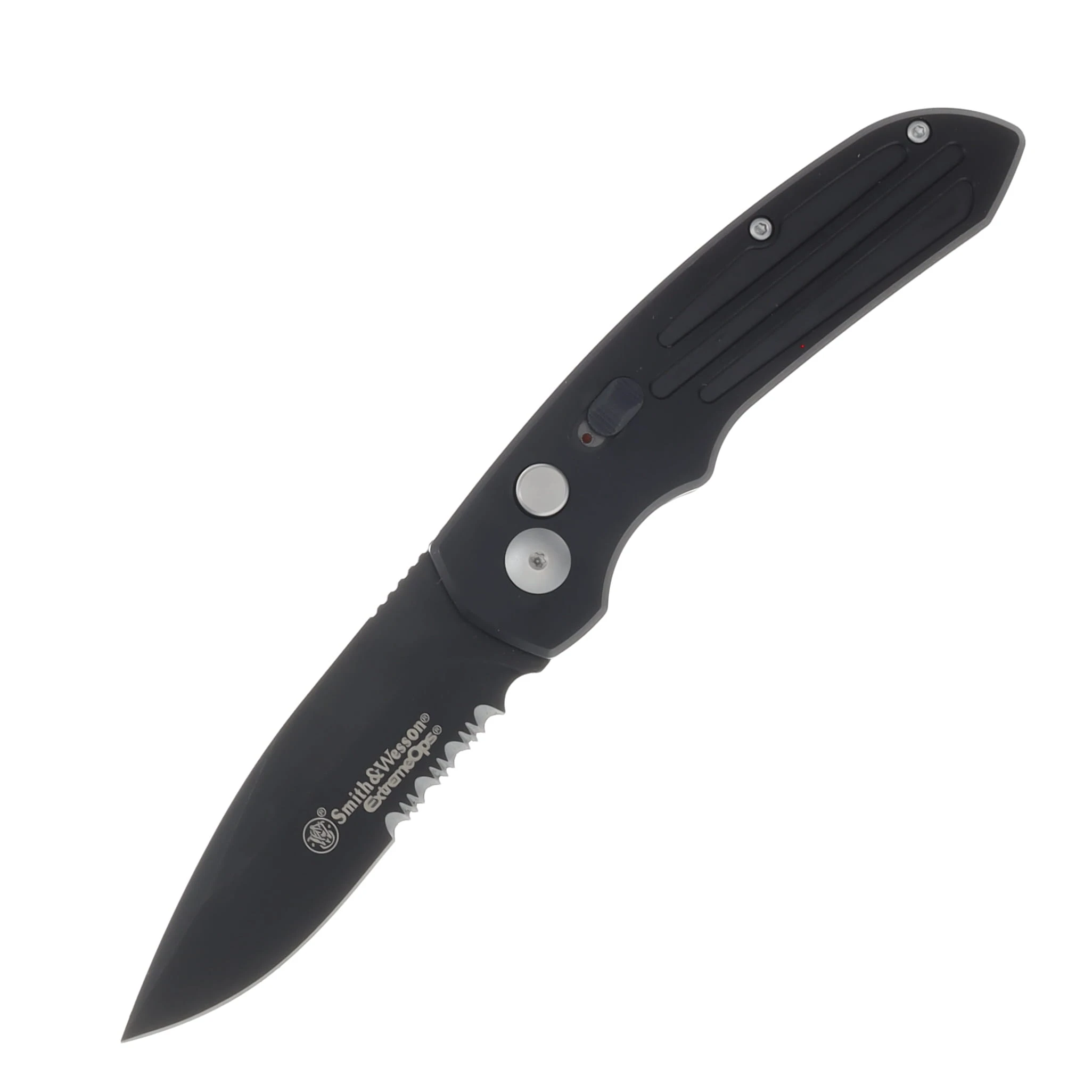 Smith & Wesson ExtremeOps Jr. Push Button OTS Auto Knife-Drop Point Partial Serrated Blade-All Black WNS-WSW-50BS View 1