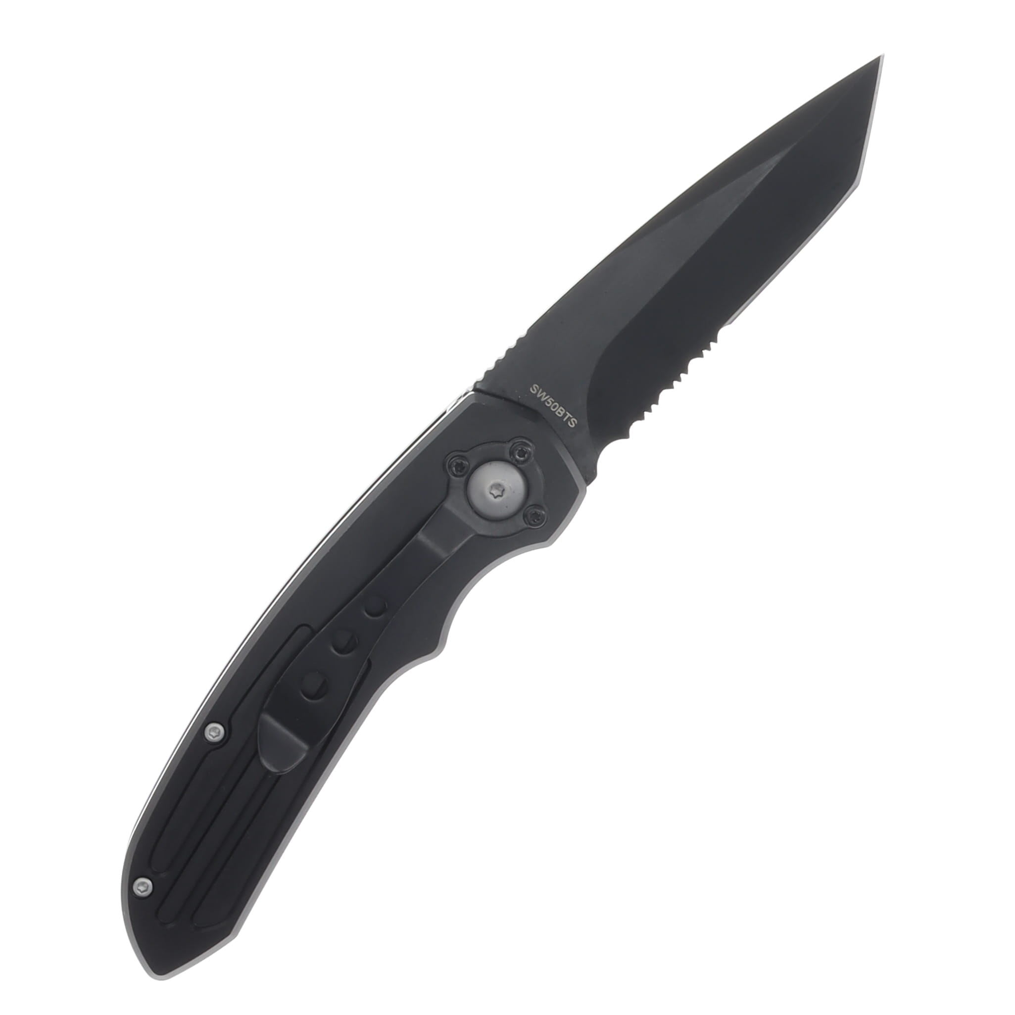 Smith & Wesson ExtremeOps Jr. Push Button OTS Auto Knife-Tanto Partial Serrated Blade-All Black WNS-WSW-50BTS View 2