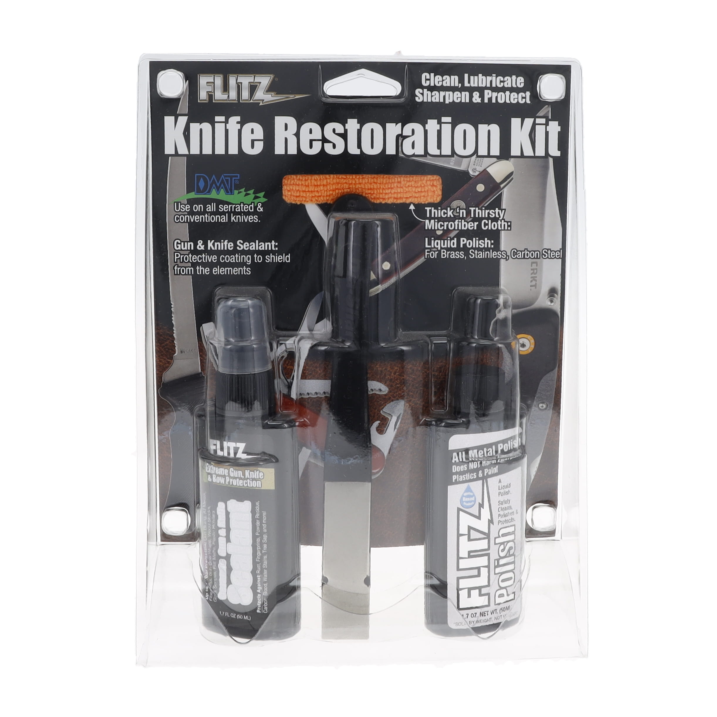 FLITZ Knife Restoration Kit 1.76 oz Polish, DMT Diamond Sharpener, 1.7 oz Gun/Knife Ceramic Sealant, Microfiber Cloth Clamshell FLKR41511 View 8