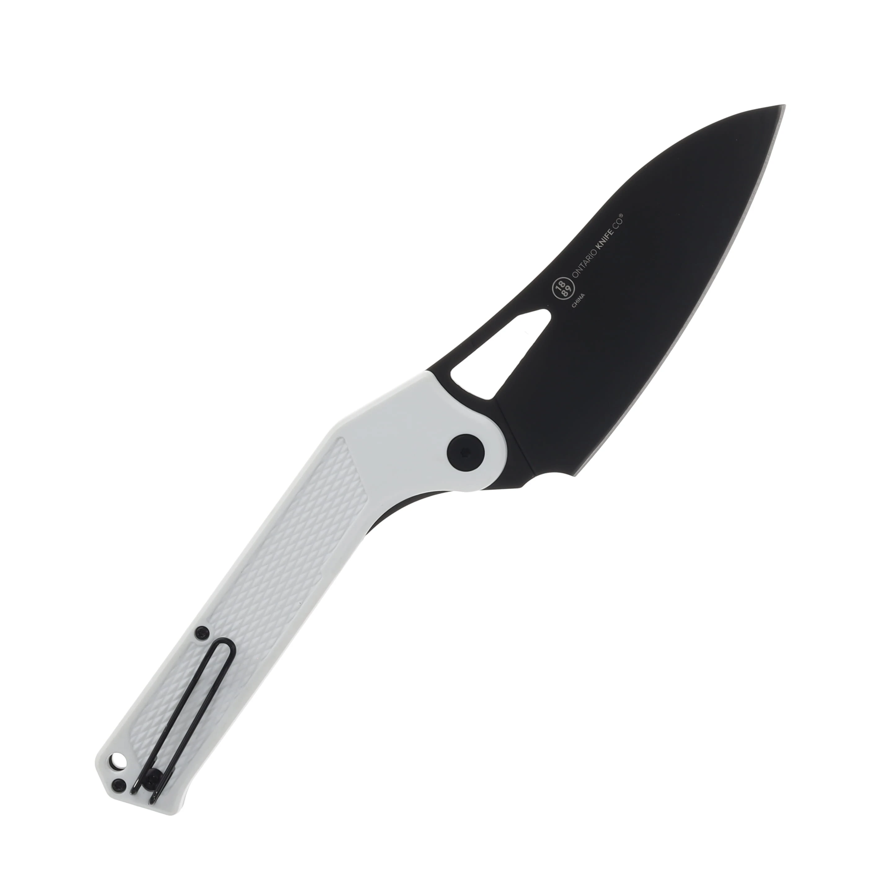 Ontario Camp Plus EDC Folding Knife White GFN Handle Black Cleaver Blade CP ON4320WHTC View 2