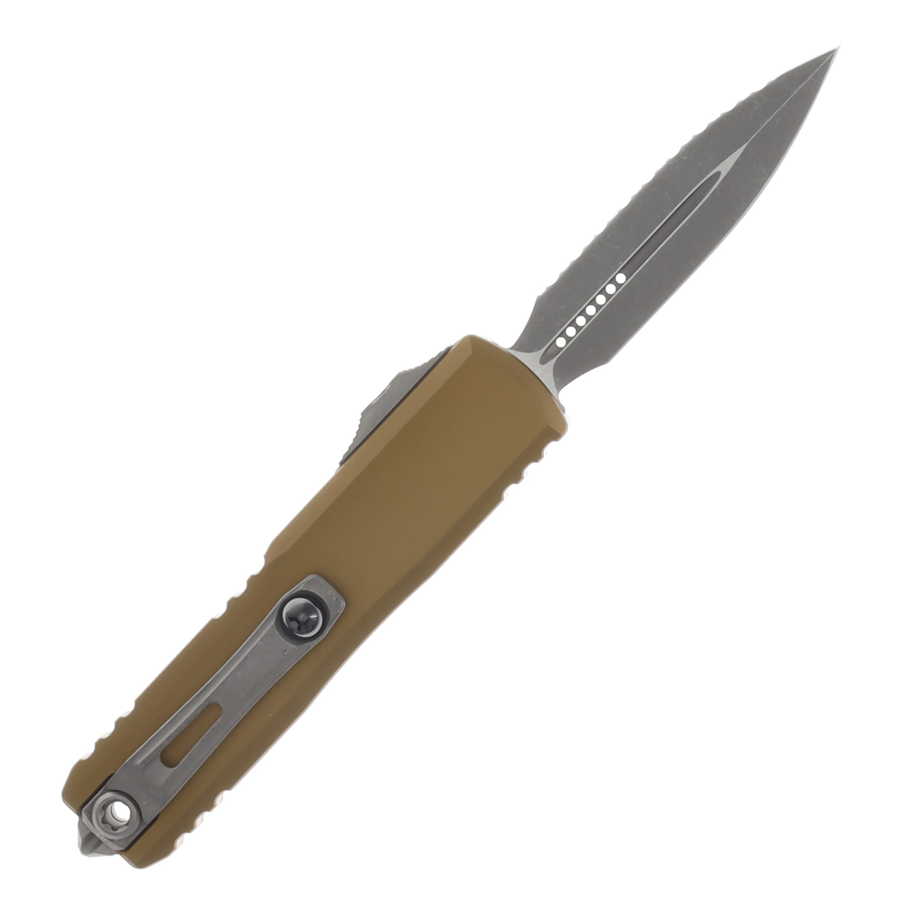 Microtech UTX-85 GEN IV OTF Auto D/E Apocalyptic Full Serrate Tan AUMT1232412APTA View 2