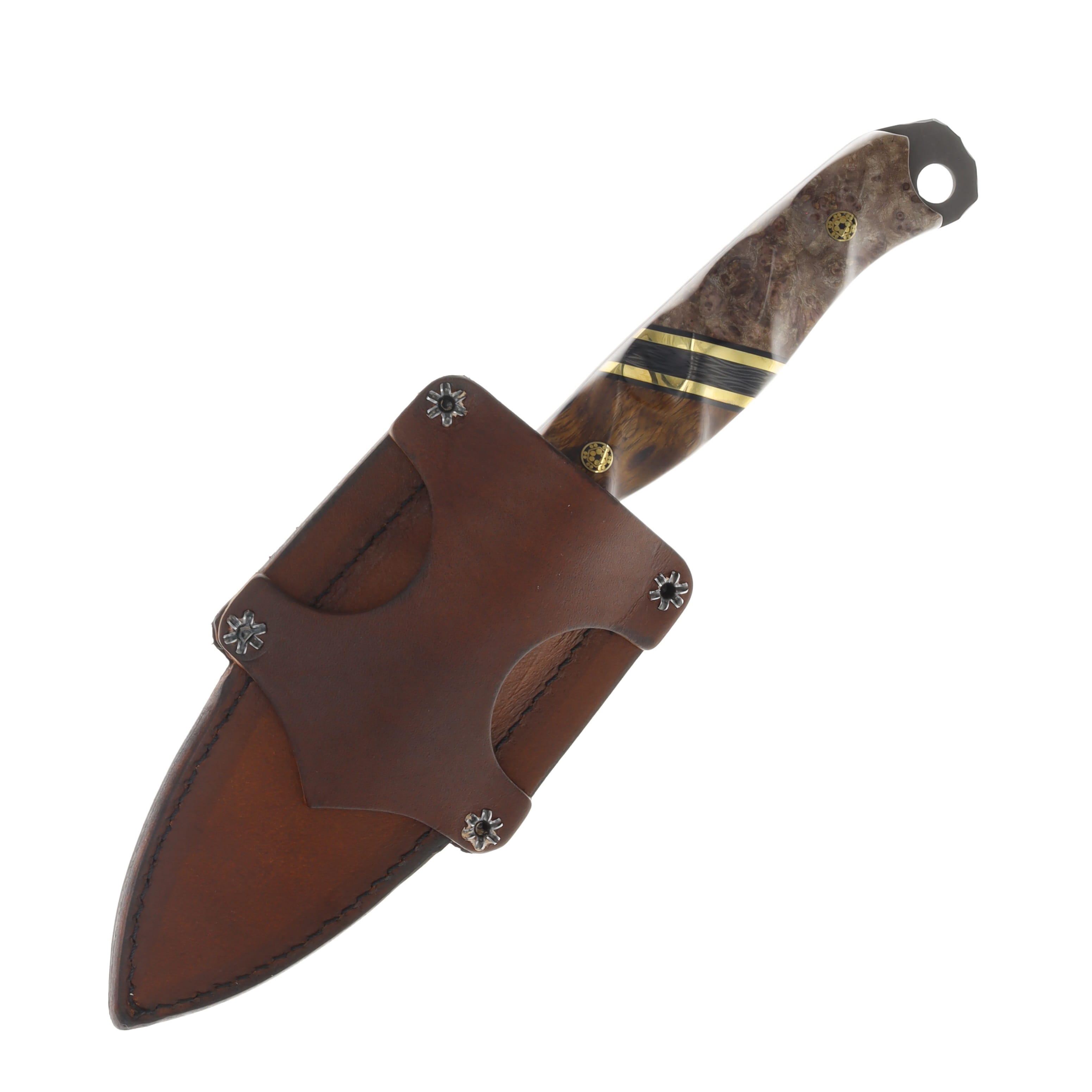Half Face Blades SMKW Exclusive Crow Jr Fixed Knife Ironwood Bolster Brass Carbon Fiber-Blk G10 Split Dyed Box Elder Bottom Brass Mosaic C02 View 4
