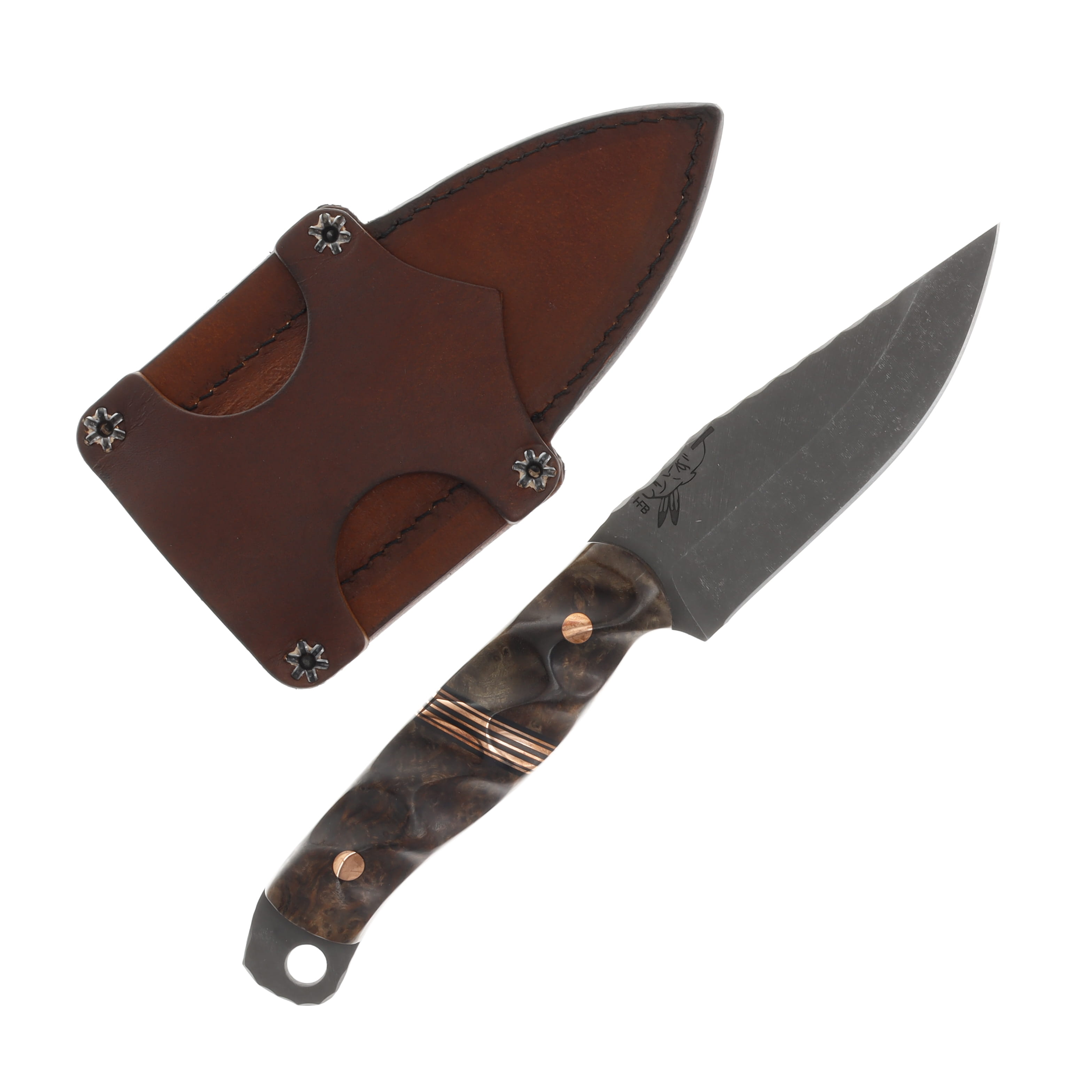 Half Face Blades SMKW Exclusive Crow Jr Fixed Blade Chechen Burlwood Copper Pins Copper-Blk G10 Spacers C05 View 2