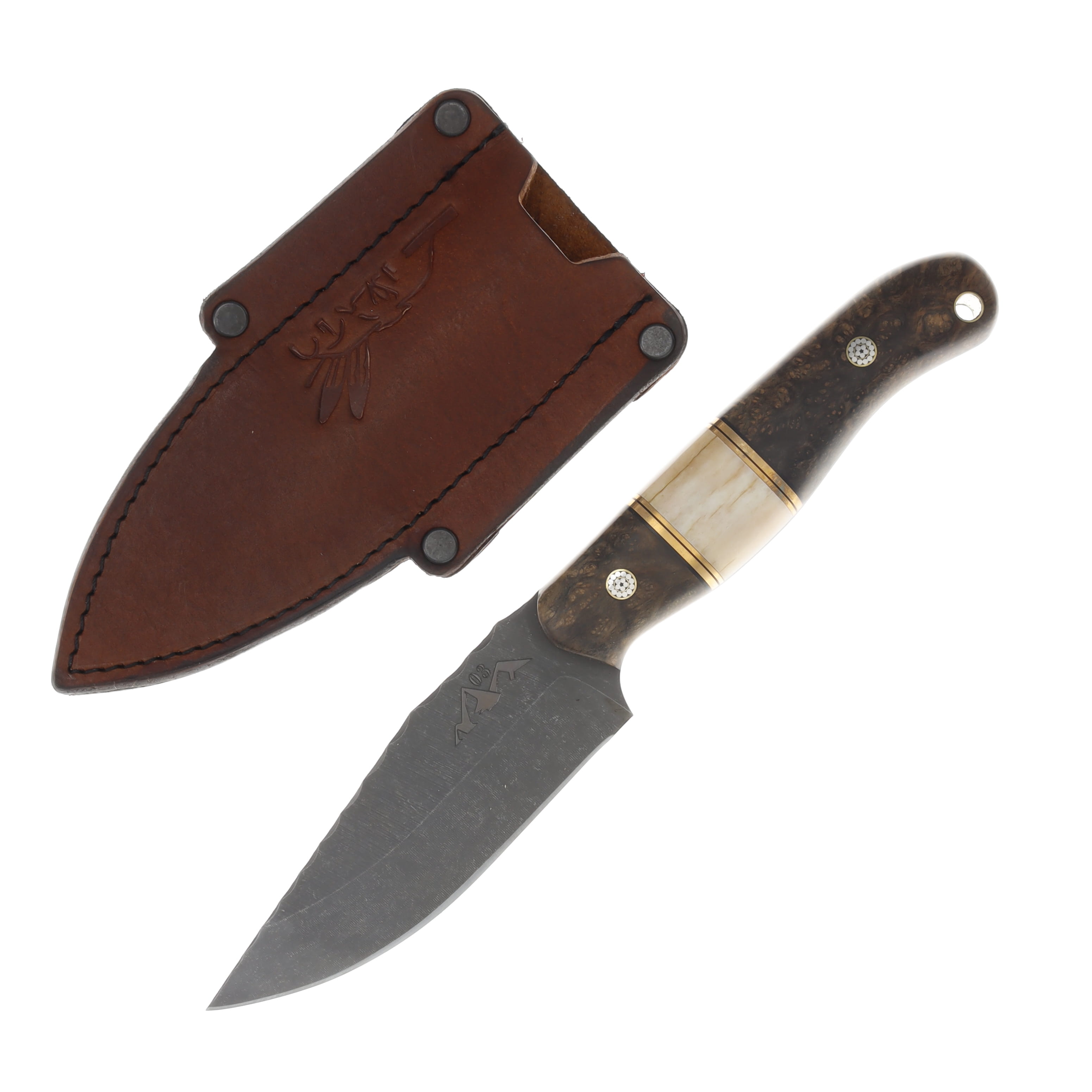 Half Face Blades SMKW Exclusive Crow Jr Fixed Knife Redwood Burlwood Blk G10-Brass Pin Striping Natural Giraffe Bone Split Brass-SS Mosaic Pins C03 View 1