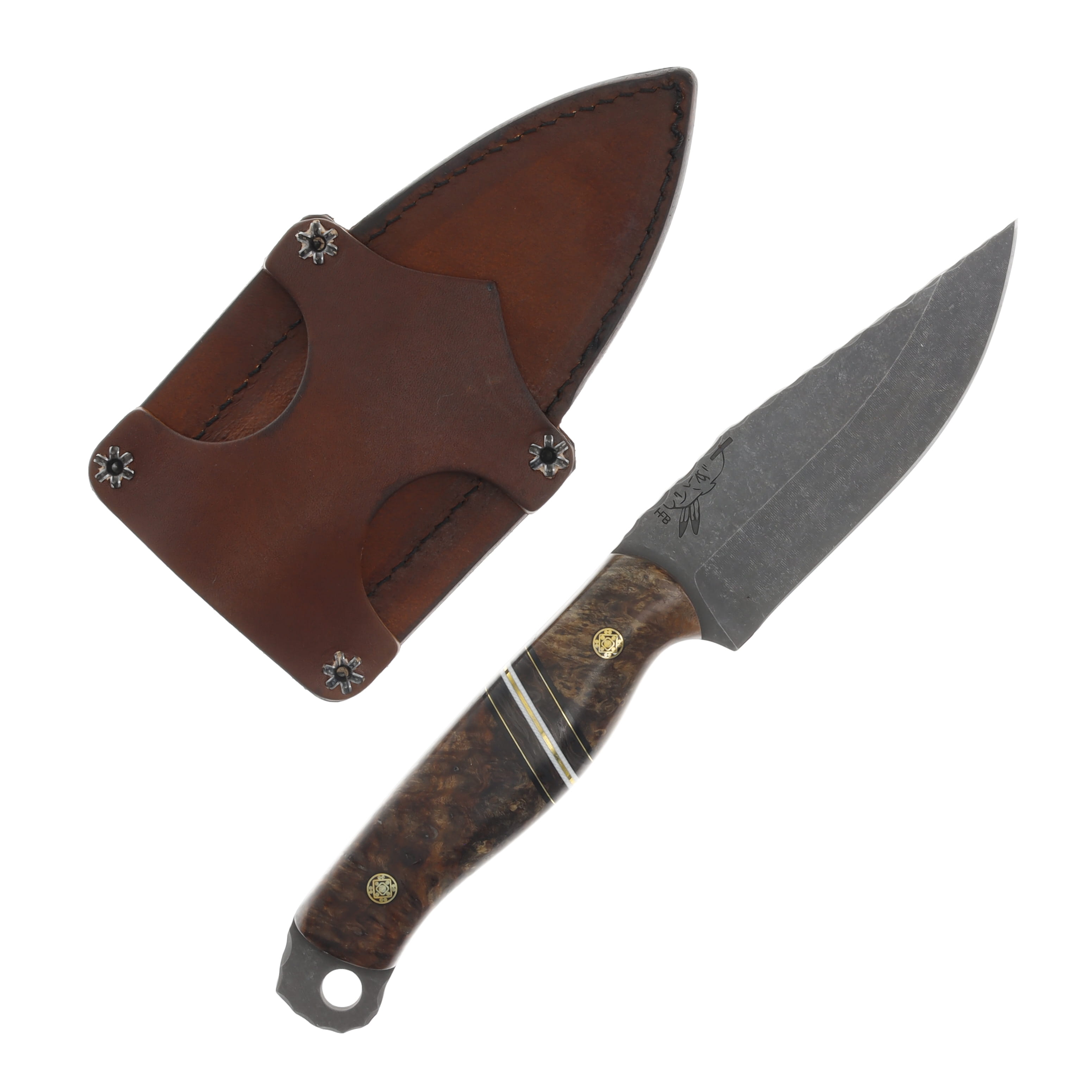 Half Face Blades SMKW Exclusive Crow Jr Fixed Knife Chechen Burlwood Blk G10 Brass Marbled Carbon Fiber and Wht G10 Split C04 View 2