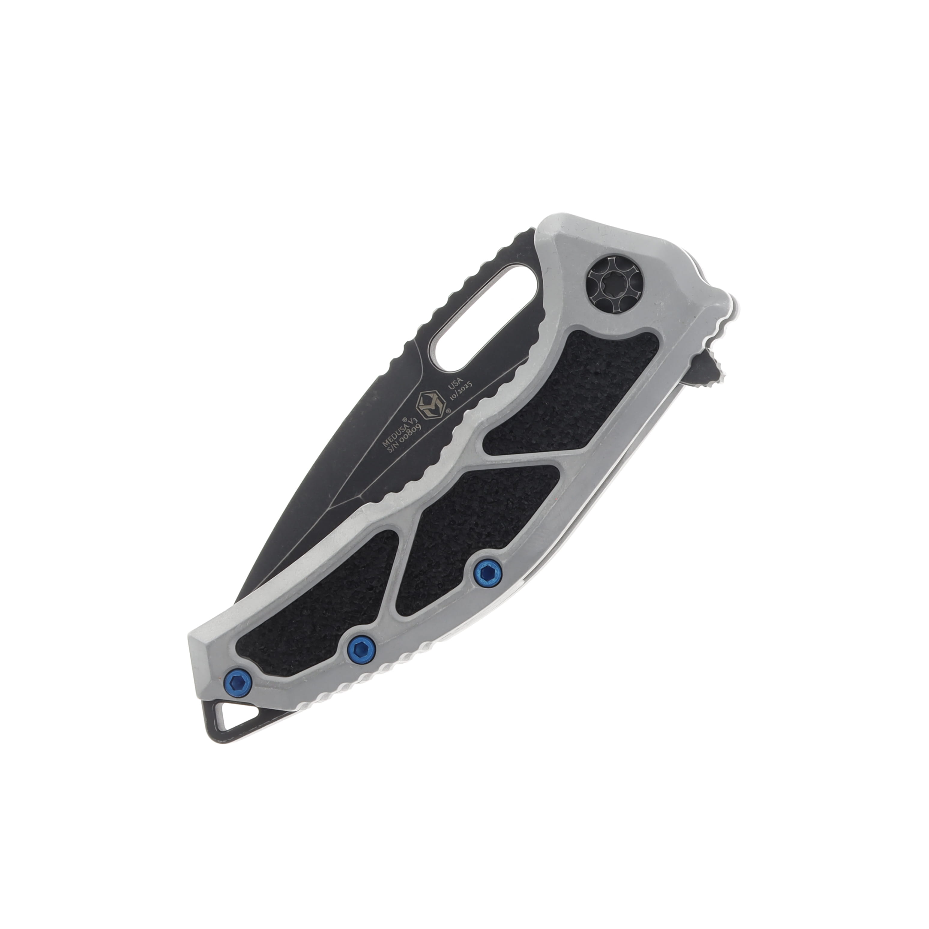 Heretic Knives Medusa Manual Folding Knife Recurve Battle Black Blade Blizzard Chassis Blue Screws H010-8A-BLZ View 4