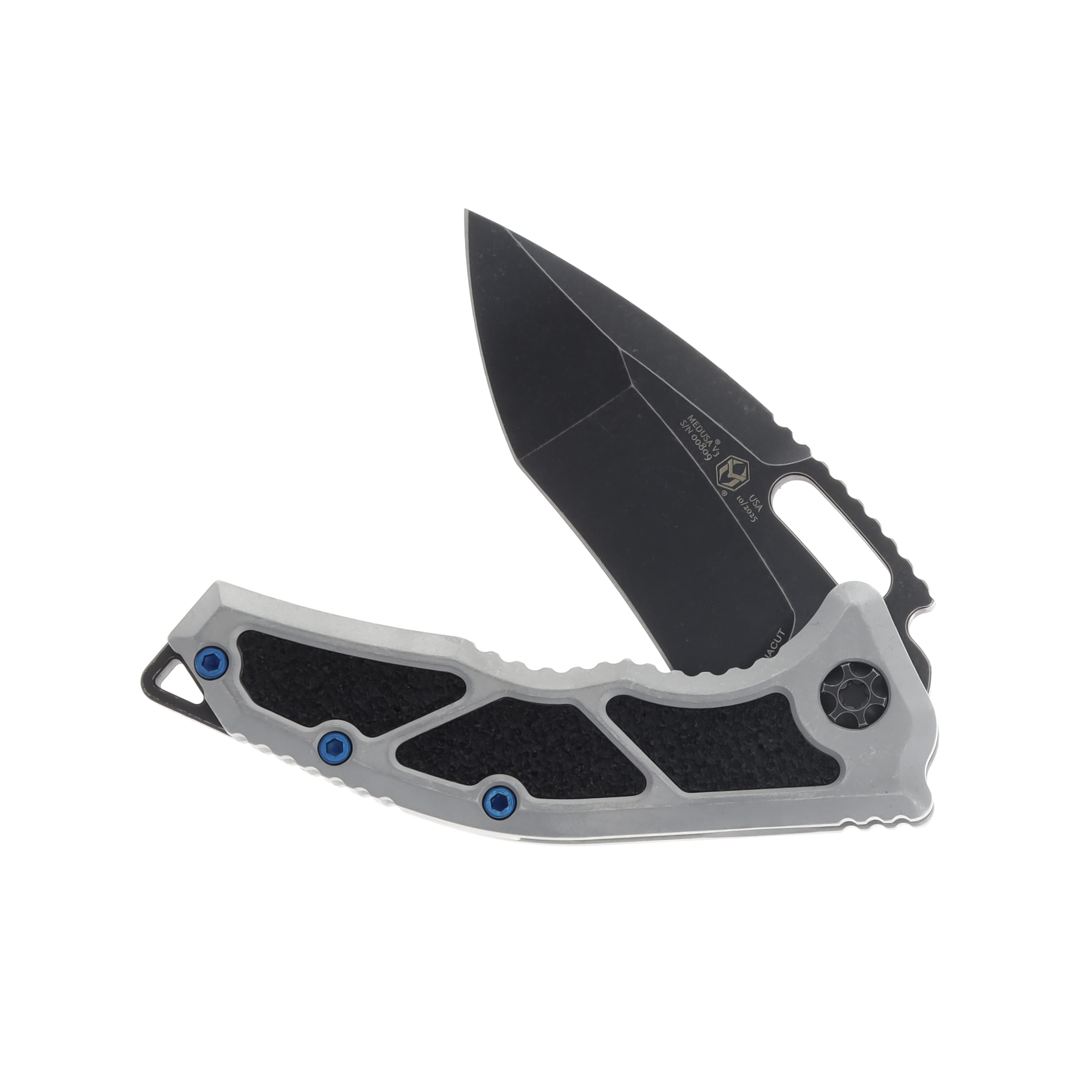 Heretic Knives Medusa Manual Folding Knife Recurve Battle Black Blade Blizzard Chassis Blue Screws H010-8A-BLZ View 3