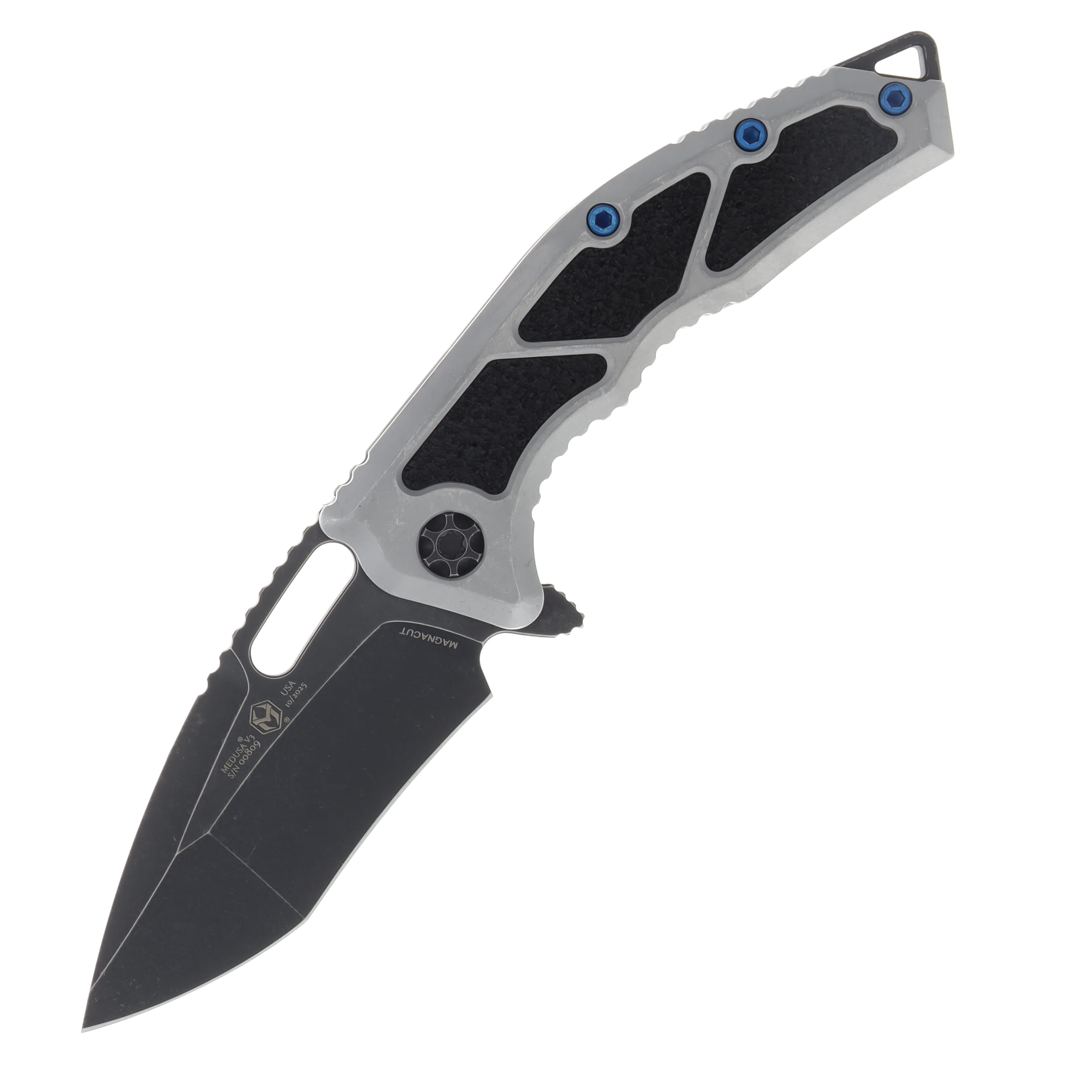 Heretic Knives Medusa Manual Folding Knife Recurve Battle Black Blade Blizzard Chassis Blue Screws H010-8A-BLZ View 1