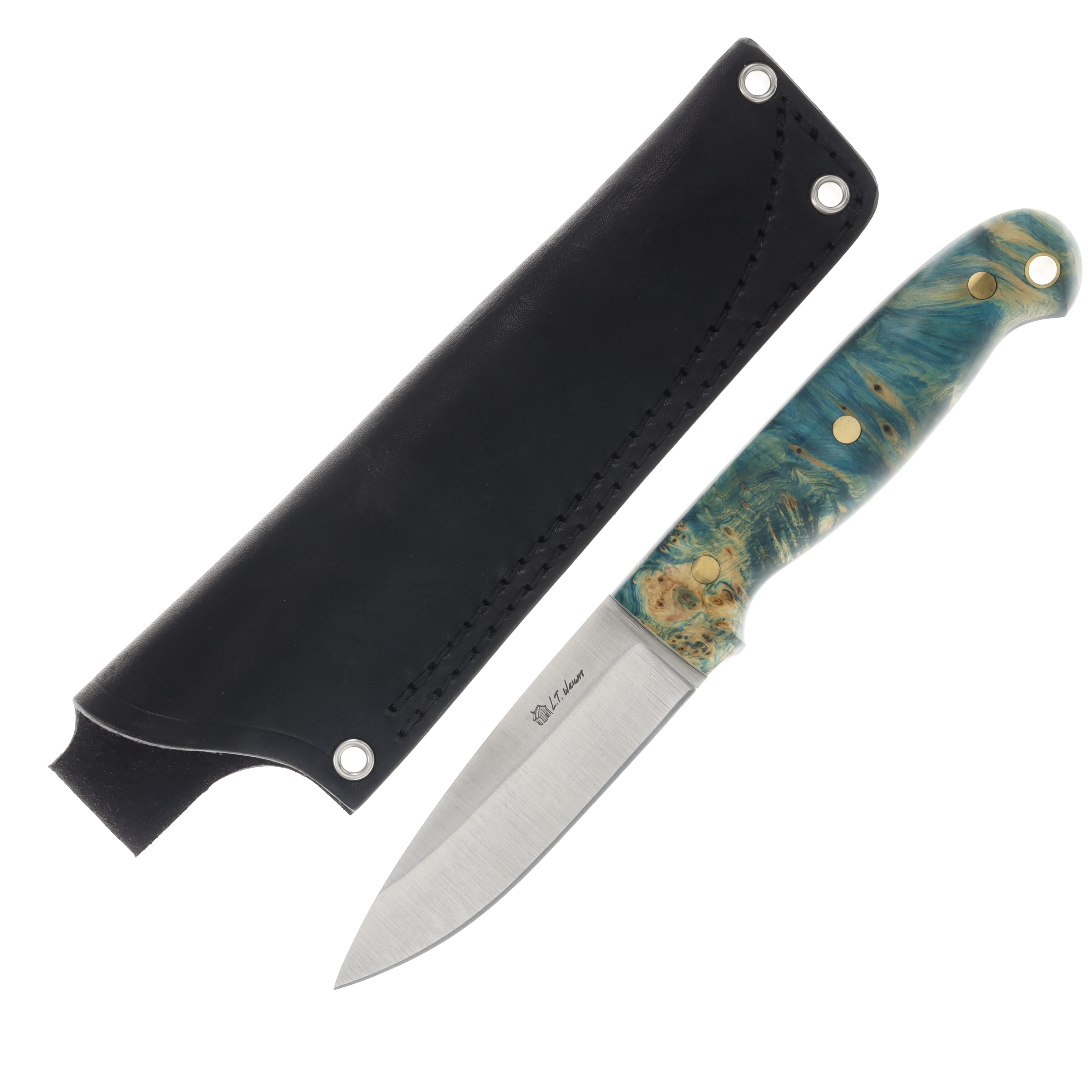 LT Wright GNS Fixed Blade Knife Saber O1/Yellow Cedar Burl Turquoise with Black Liners LT046 View 1