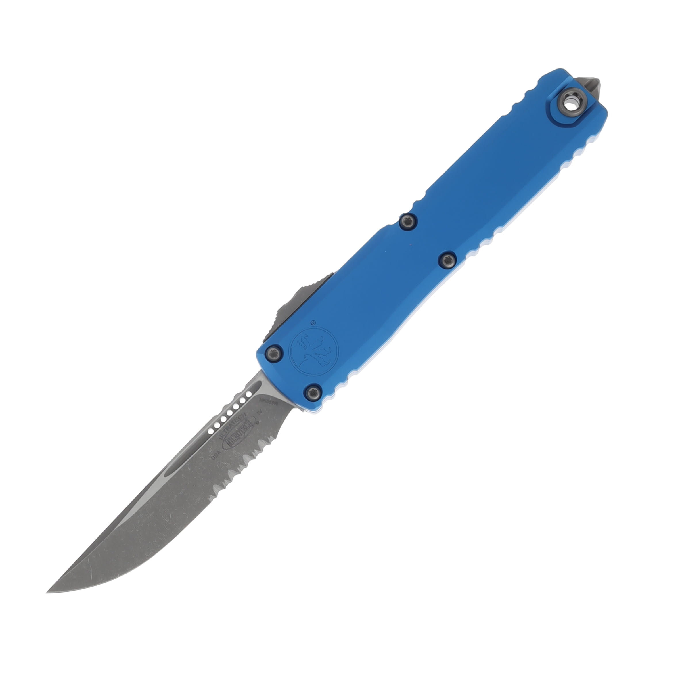 Microtech Ultratech GEN IV OTF Auto S/E Apocalyptic Part Serrate Blue AUMT1121411APBL View 1