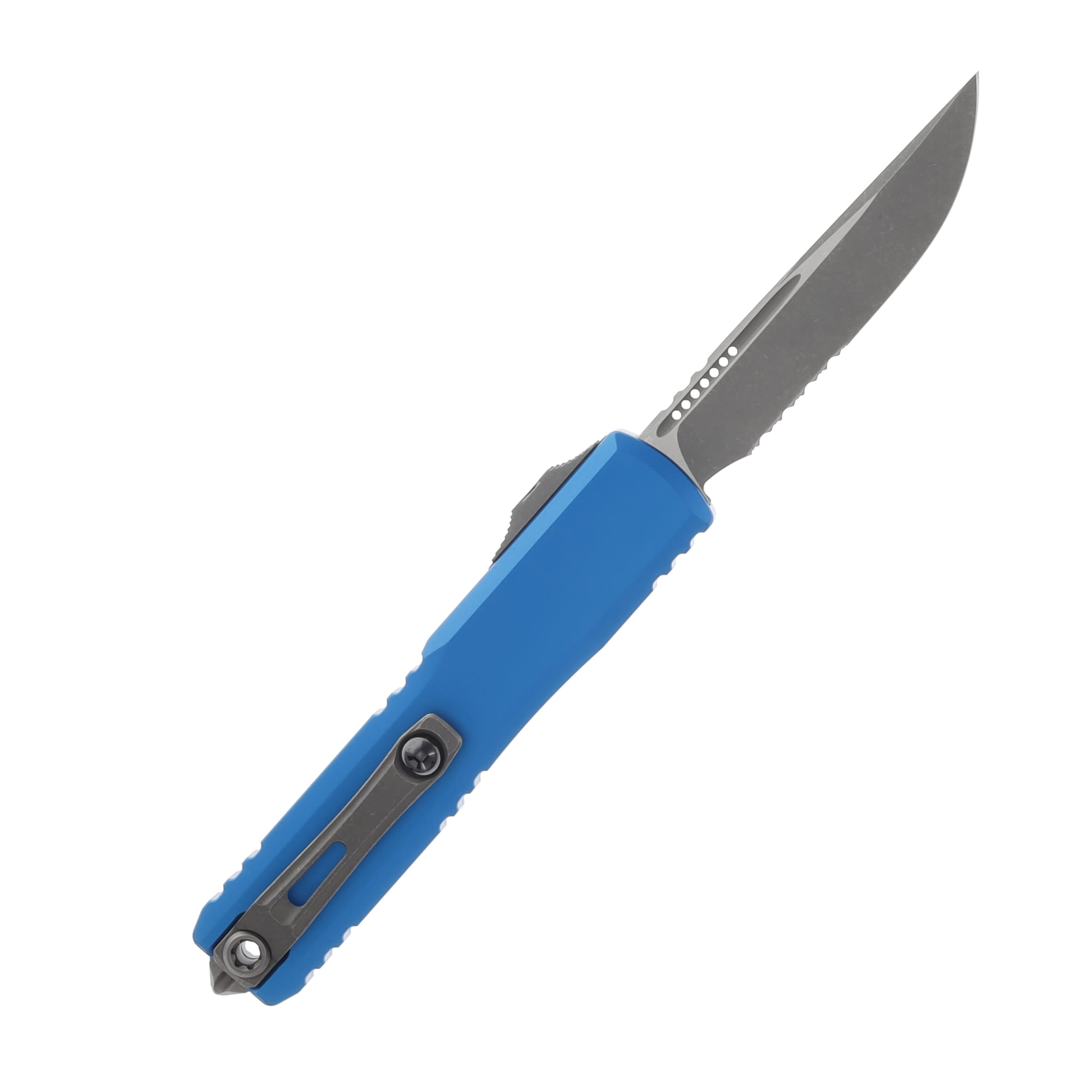 Microtech Ultratech GEN IV OTF Auto S/E Apocalyptic Part Serrate Blue AUMT1121411APBL View 2