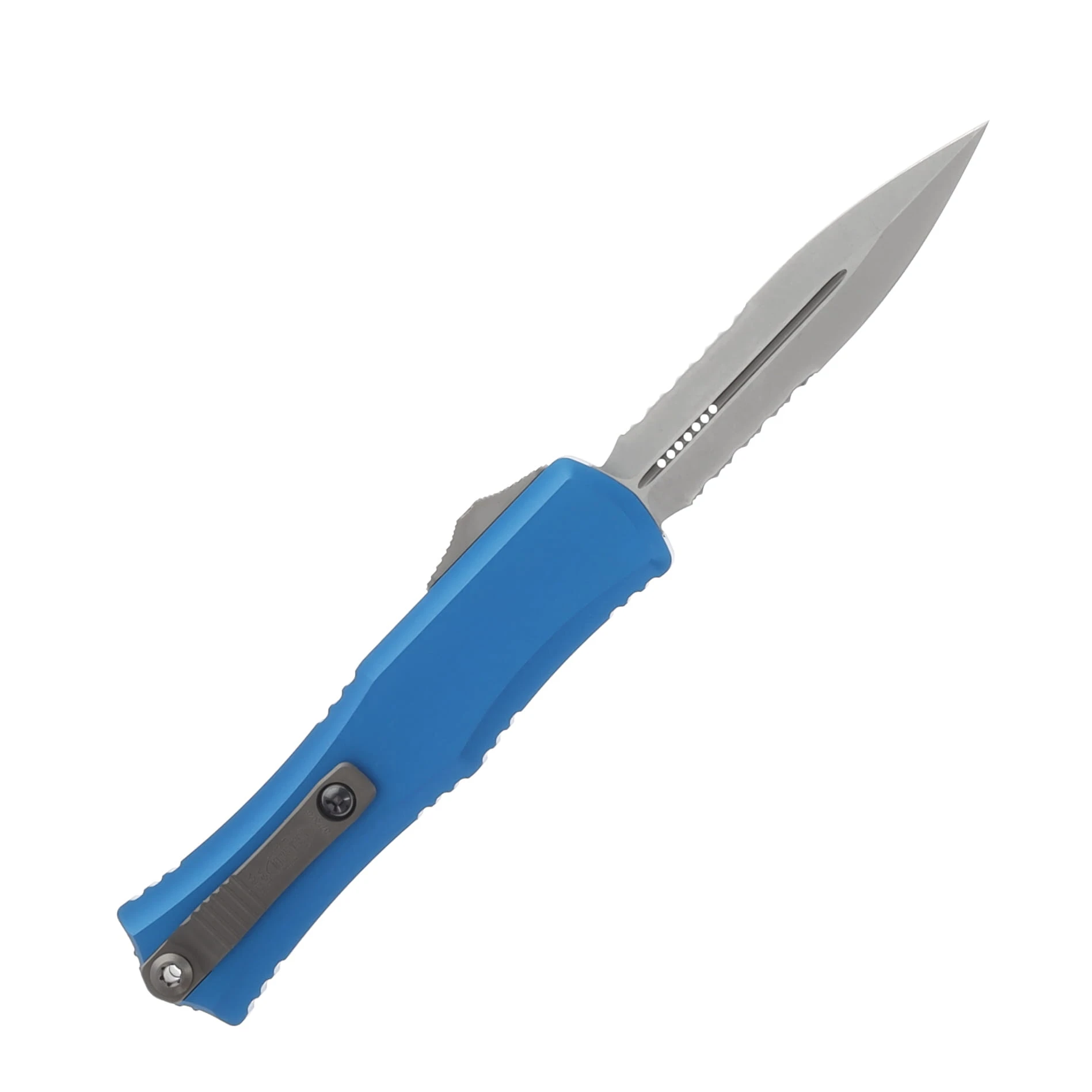 Microtech Hera II Mini OTF D/E Blue Stonewash Part Serrated Dagger AUMT1702M11BL View 2