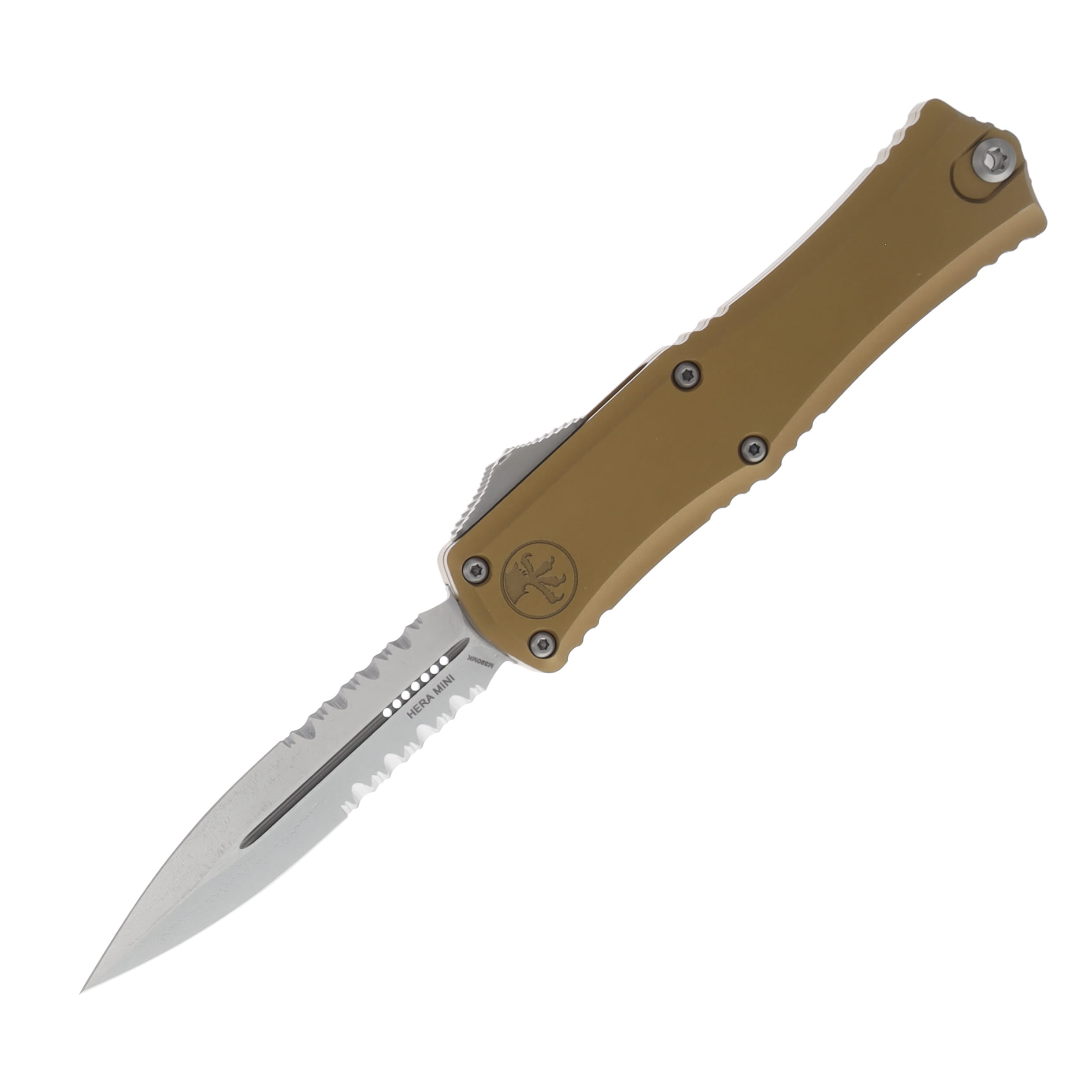 Microtech Hera II Mini OTF D/E Tan Stonewash Part Serrated Dagger AUMT1702M11TA View 1