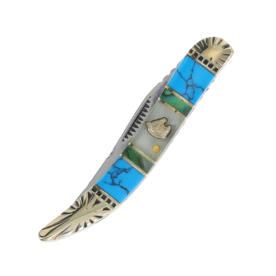 Frost Cutlery Silverhorse Stoneworks Cracked Synthetic Turquoise Small Toothpick Folding Knife FRSHS109TUR2 View 3