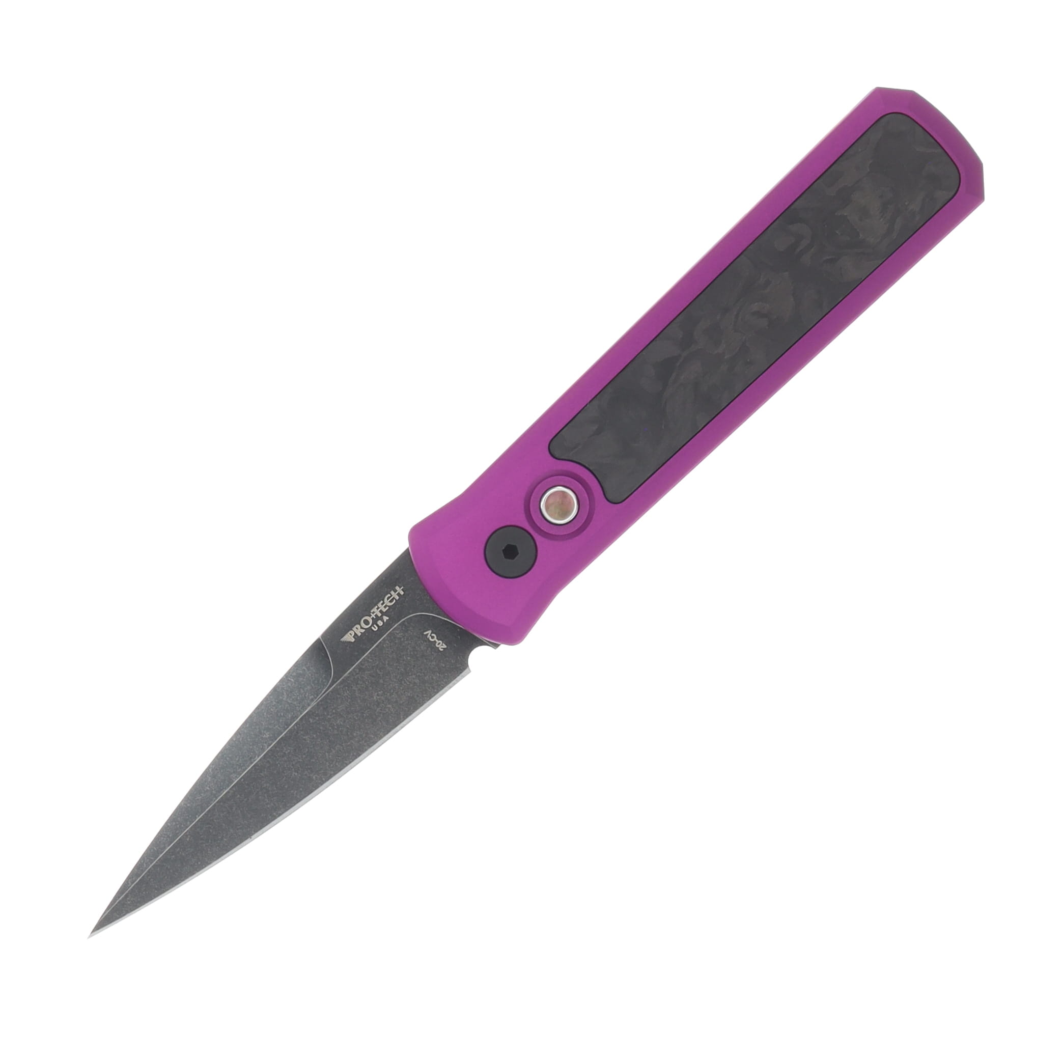 Pro Tech OTS Auto Godson Single Inlay Purple Handle With Marble Carbon Fiber Inlay DLC Wash 20CV Blade AUPT7211-MARBLECFP View 1