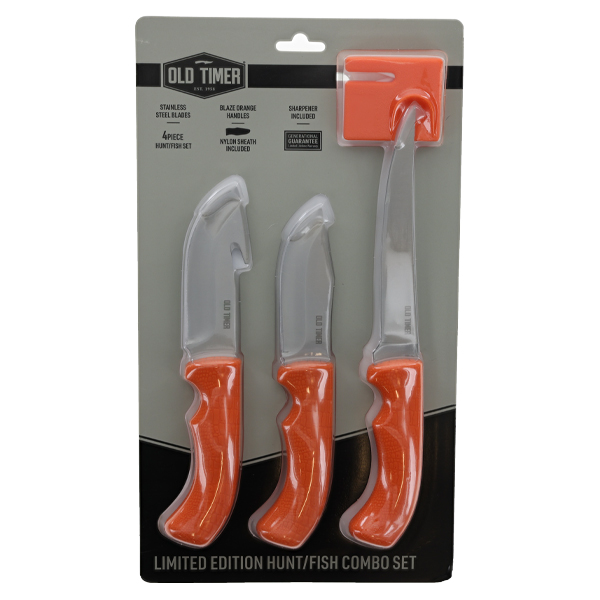 Old Timer 4 pc Hunt/Fish Fixed Blade Combo Set Blaze Orange Handle 1259493 View 4