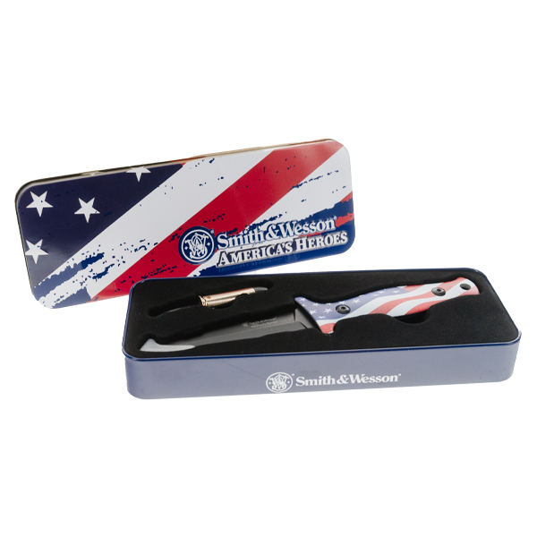 Smith & Wesson Americas Hero's Fixed Blade With Bullet Kinfe 3D Waving American Flag Printed Aluminum Handle 1259501 View 3