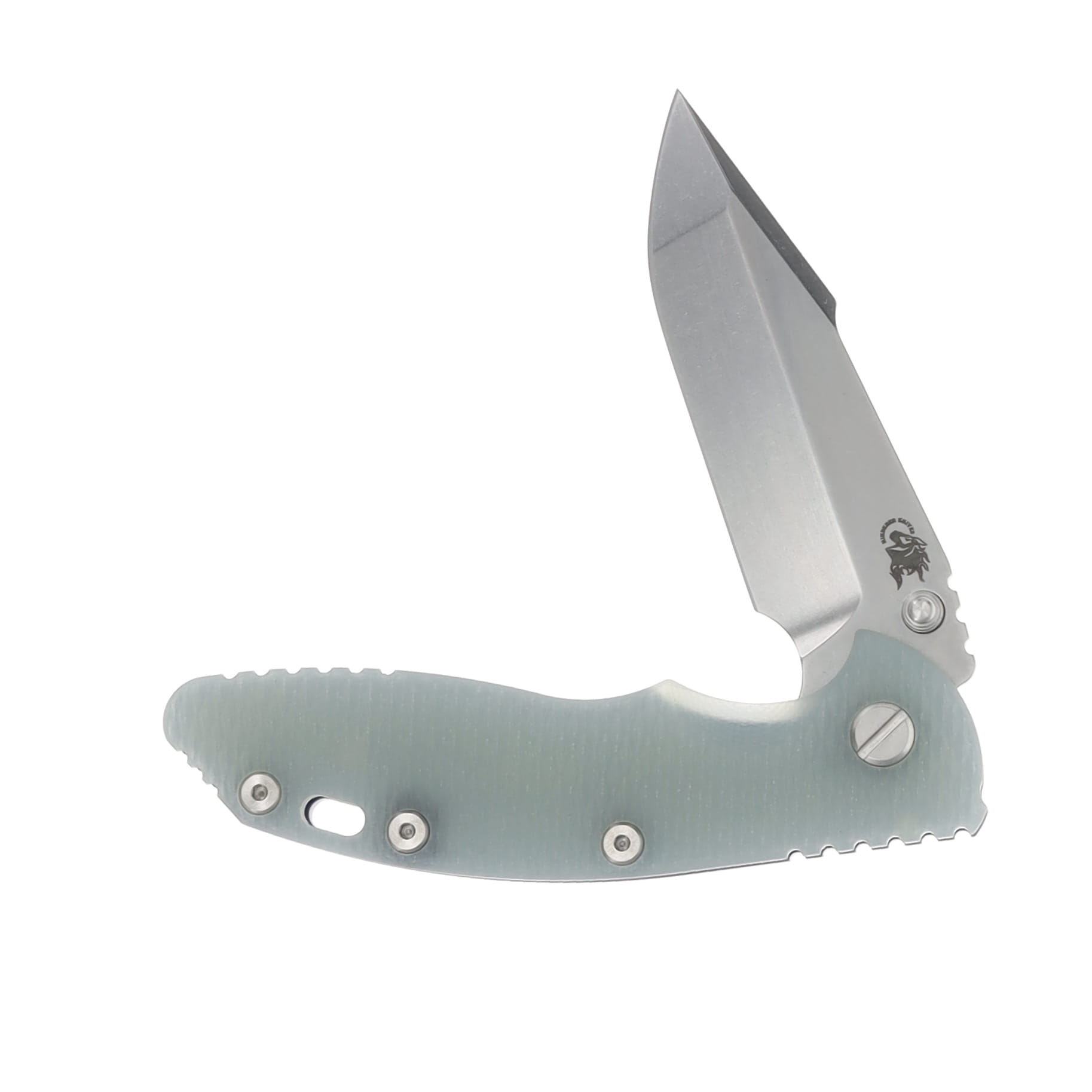 Hinderer 3.5 XM-18 Skinny Harpoon Spanto Tri-Way Stonewash Blue Translucent Green G-10 KXM35SKHSTWSWBLTG View 3