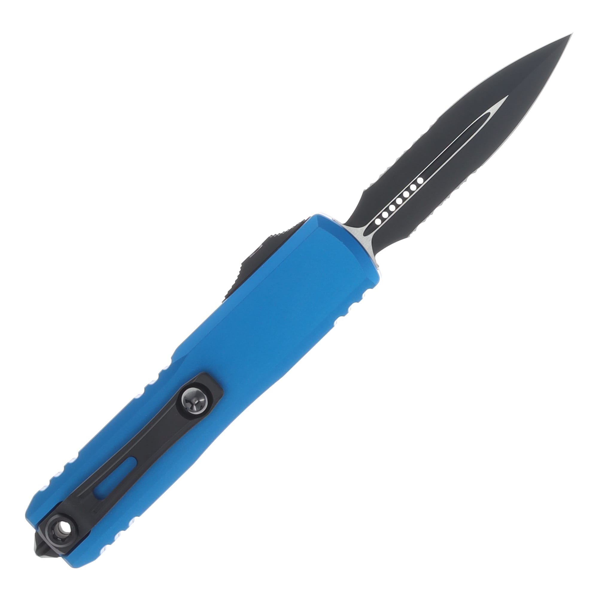 Microtech UTX-85 GEN IV OTF Auto D/E Black Part Serrate Blue AUMT123242BL View 2