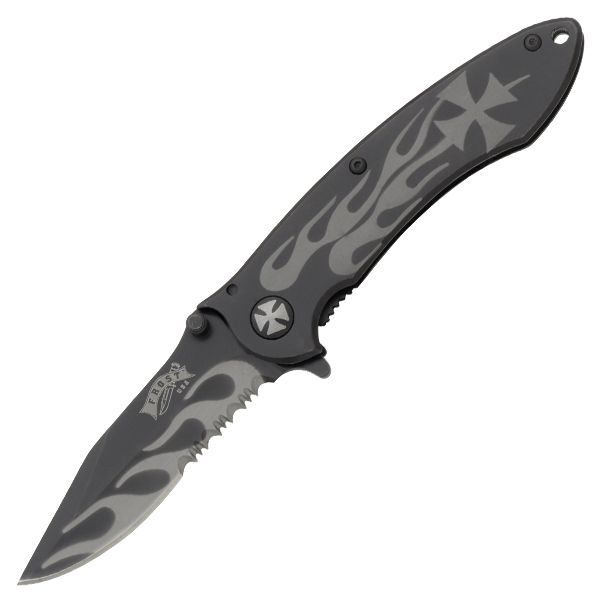 Frost Iron Cross Folding Knife Black SS Handle Black Part Serrated Blade FR106B View 1