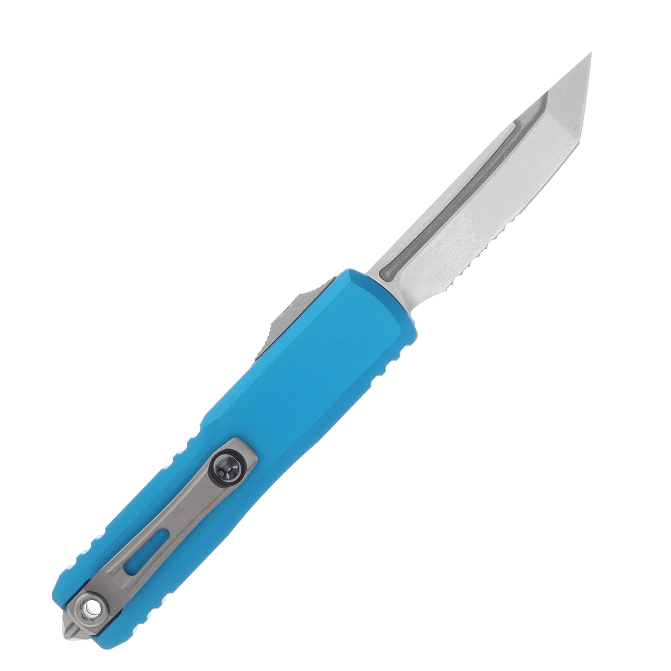 Microtech UTX-85 GEN IV T/E OTF Auto Stonewash Part Serrate Blue AUMT1233411BL View 2