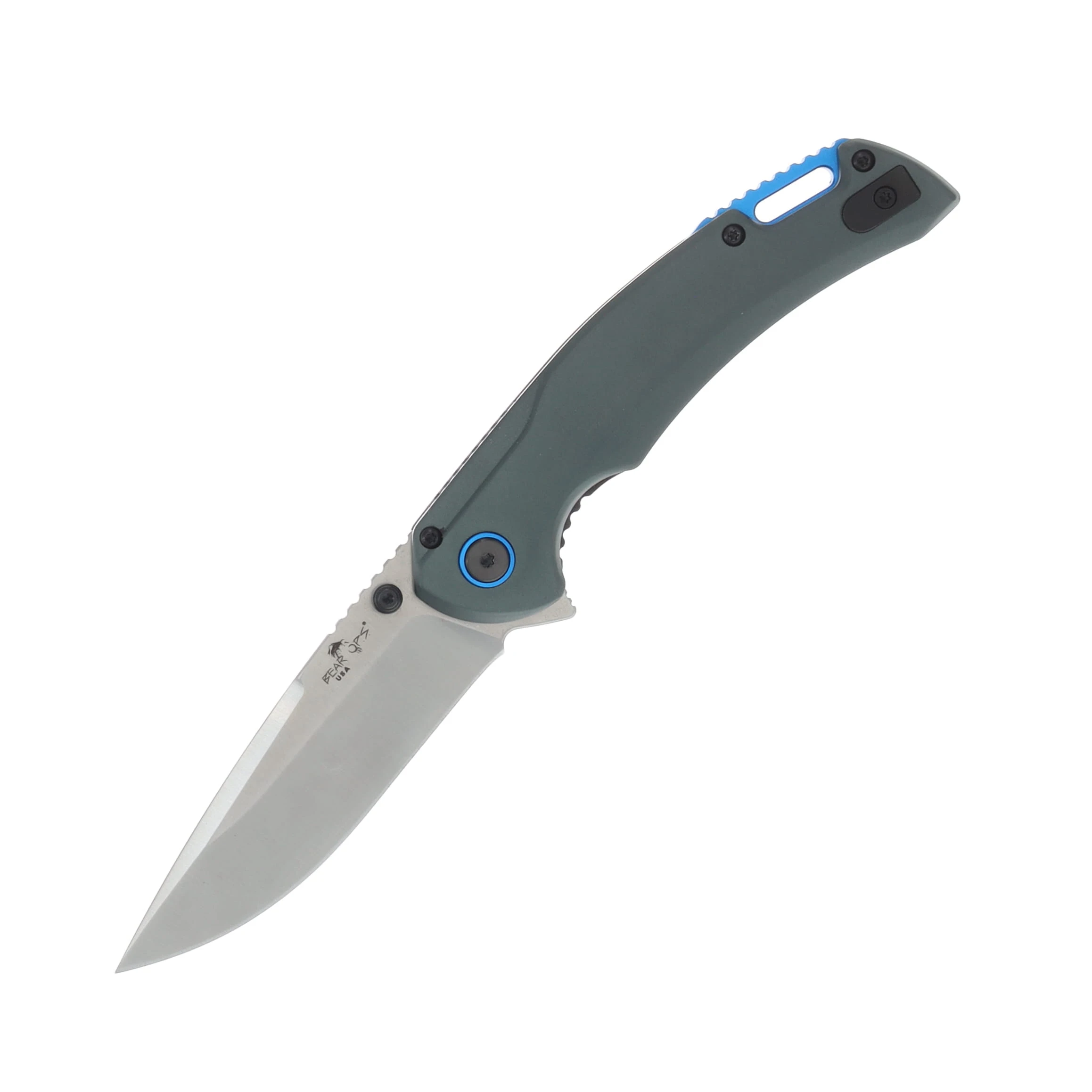 Bear & Son Load Out I Gray & Blue Aluminum Handle Satin 14C28N Blade A-600-ALGY-S View 1