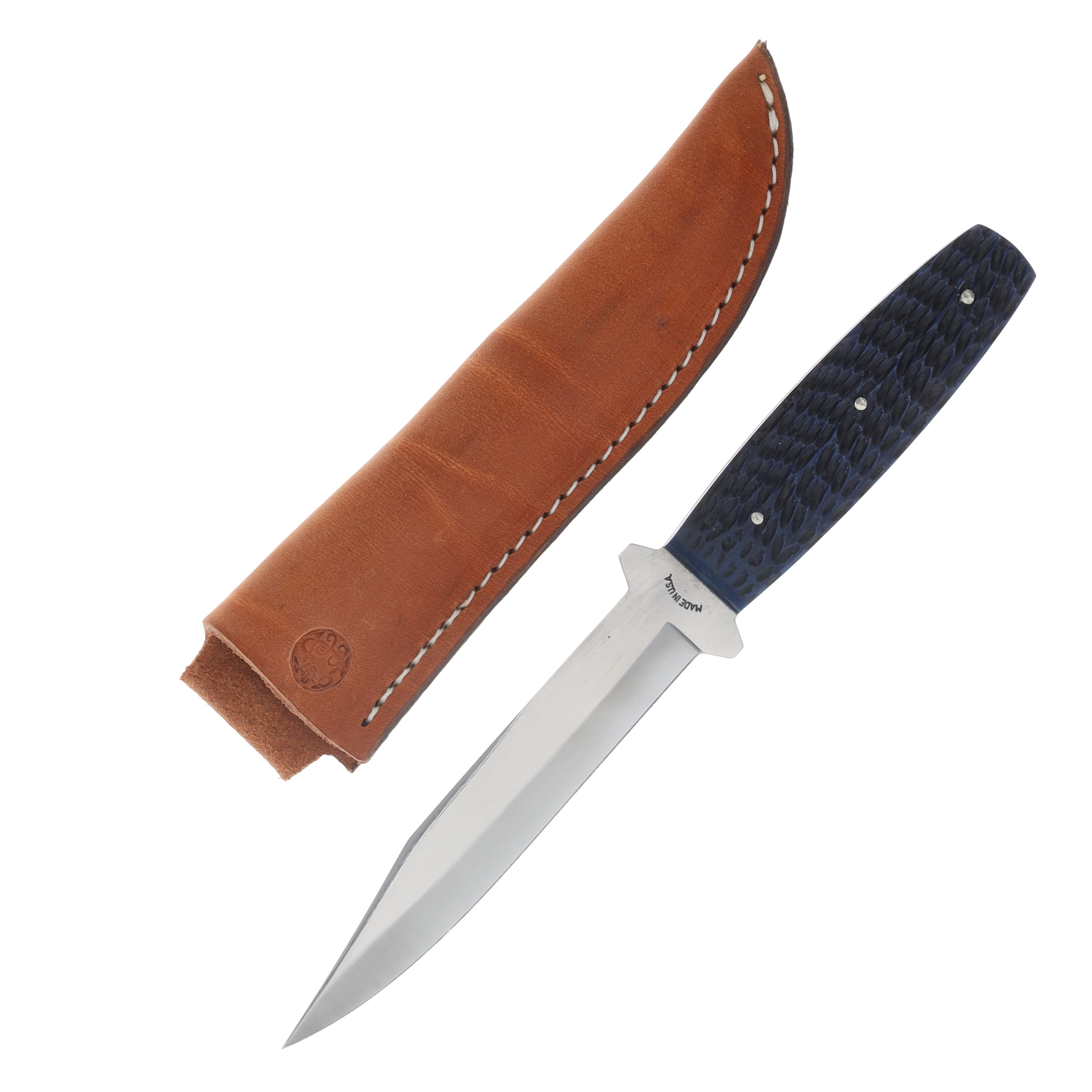 Schatt & Morgan V1-Pig Sticker Blue Jigged Bone Fixed Knife With Leather Sheath SMV1-BJB View 1