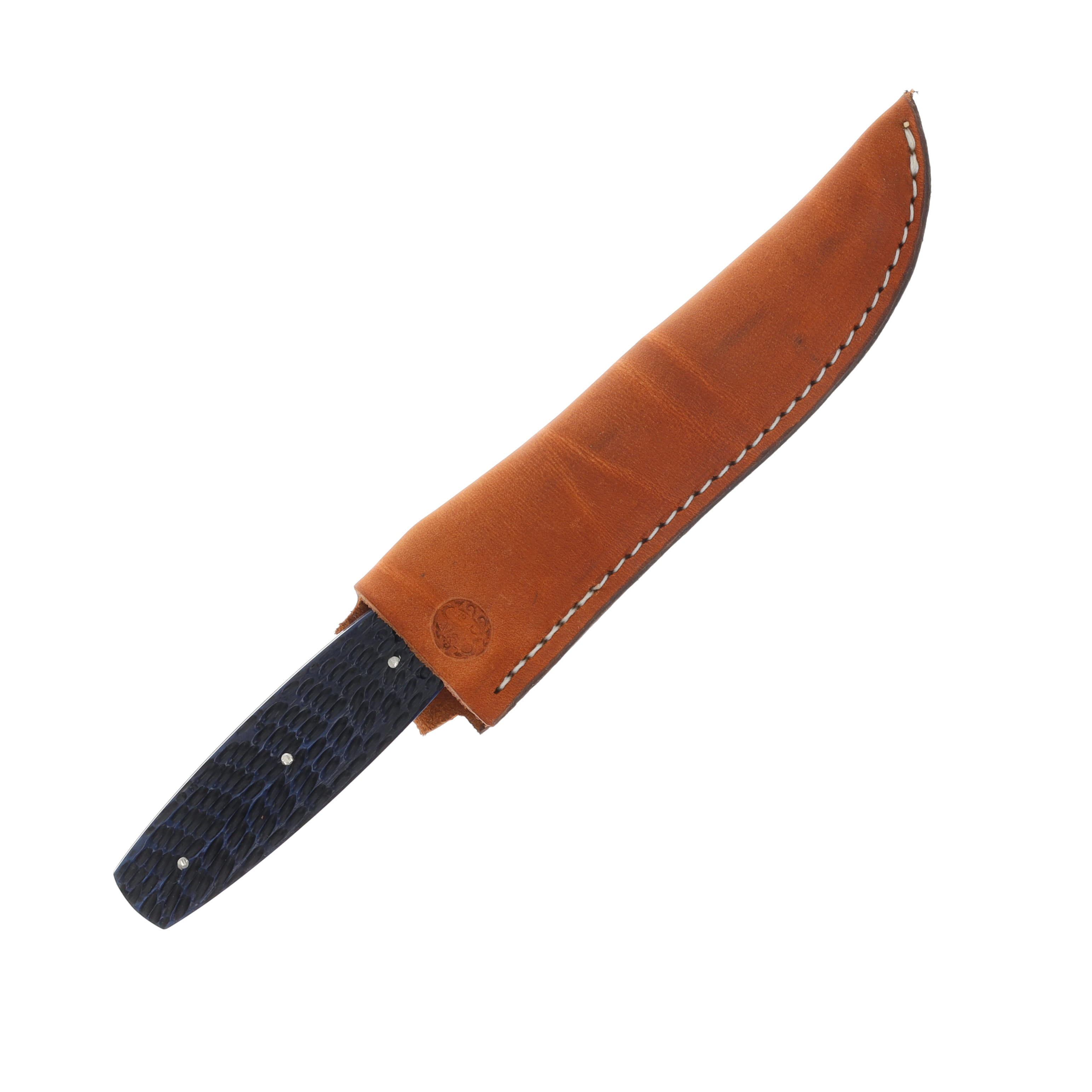 Schatt & Morgan V1-Pig Sticker Blue Jigged Bone Fixed Knife With Leather Sheath SMV1-BJB View 4
