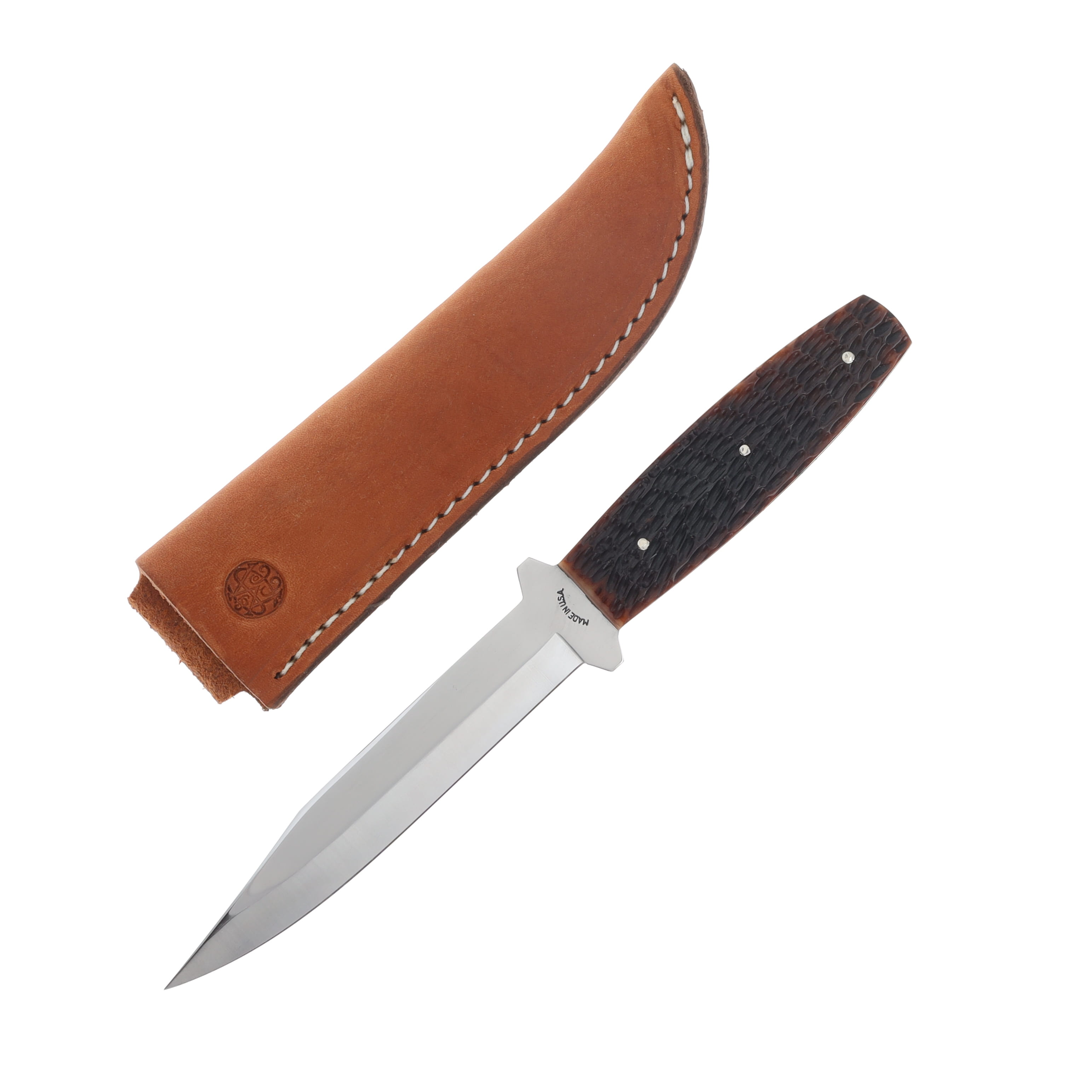 Schatt & Morgan V1-Pig Sticker Walnut Jigged Bone Fixed Knife With Leather Sheath SMV1-WJB View 1