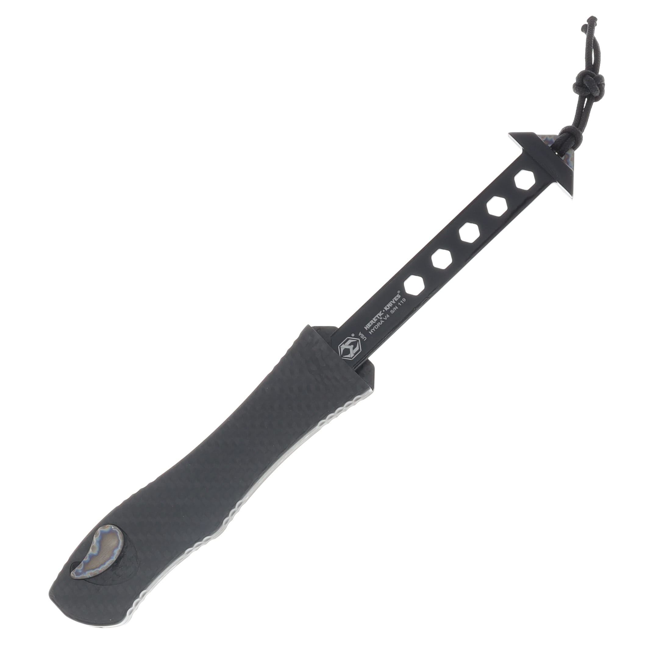 Heretic Hydra V4 Single Action OTF Automatic Knife DLC Tanto/Carbon Fiber and Titanium with Flamed Button and Clip H406-6A-CF/FTI View 3