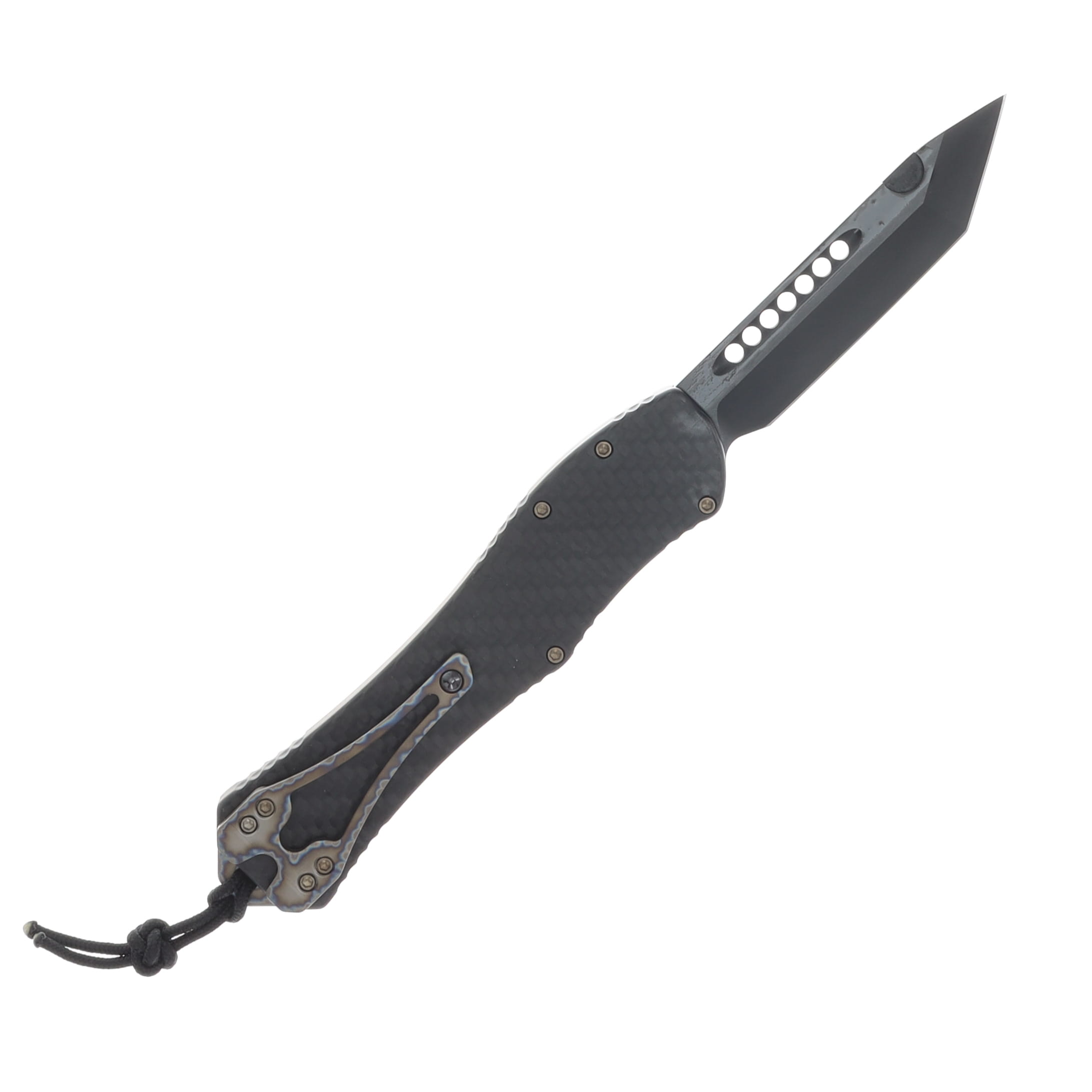 Heretic Hydra V4 Single Action OTF Automatic Knife DLC Tanto/Carbon Fiber and Titanium with Flamed Button and Clip H406-6A-CF/FTI View 2