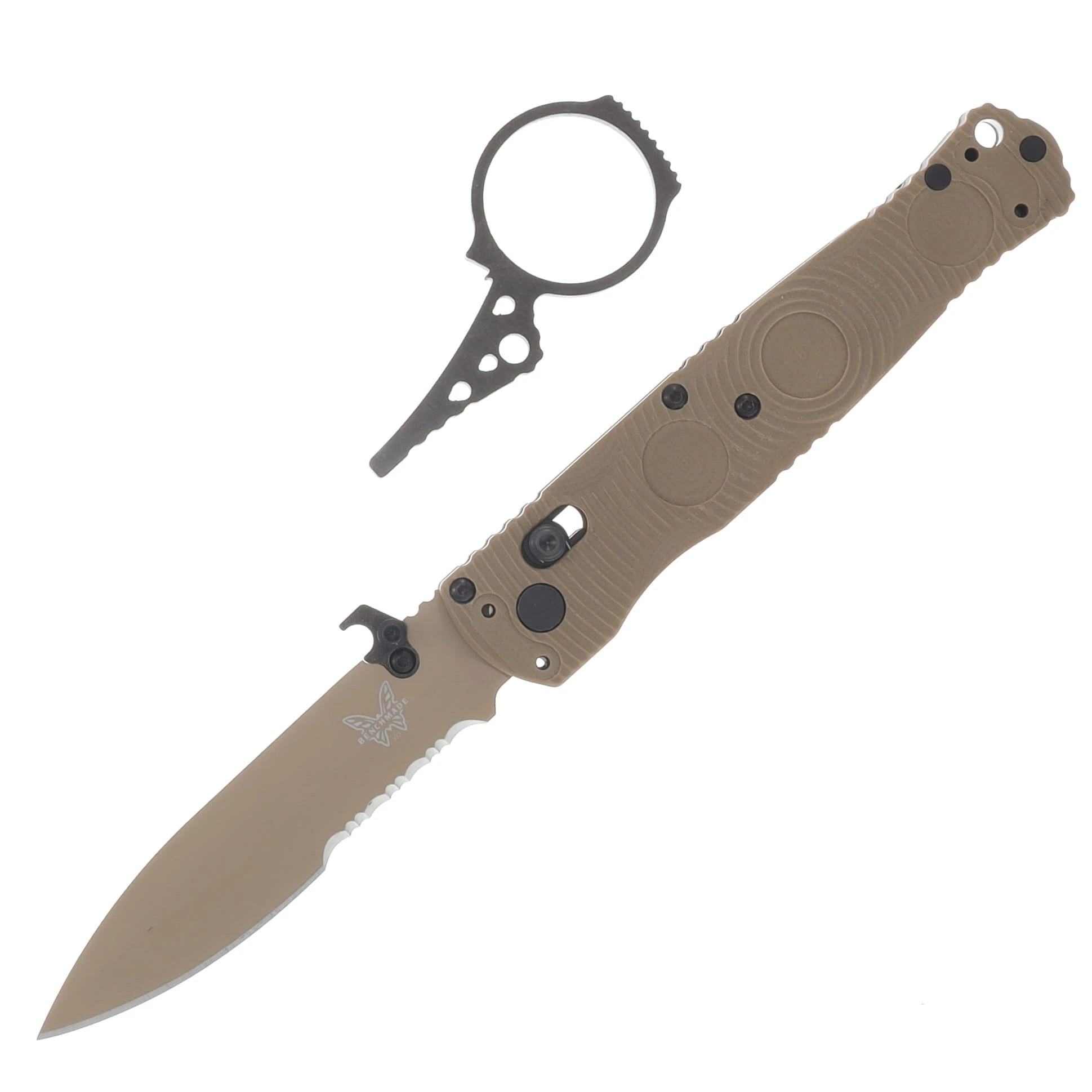 Benchmade Mini SOCP Folding Knife Finger Ring Desert Sand G-10 Handle and PS S30V Blade BM393SSN-01 View 1