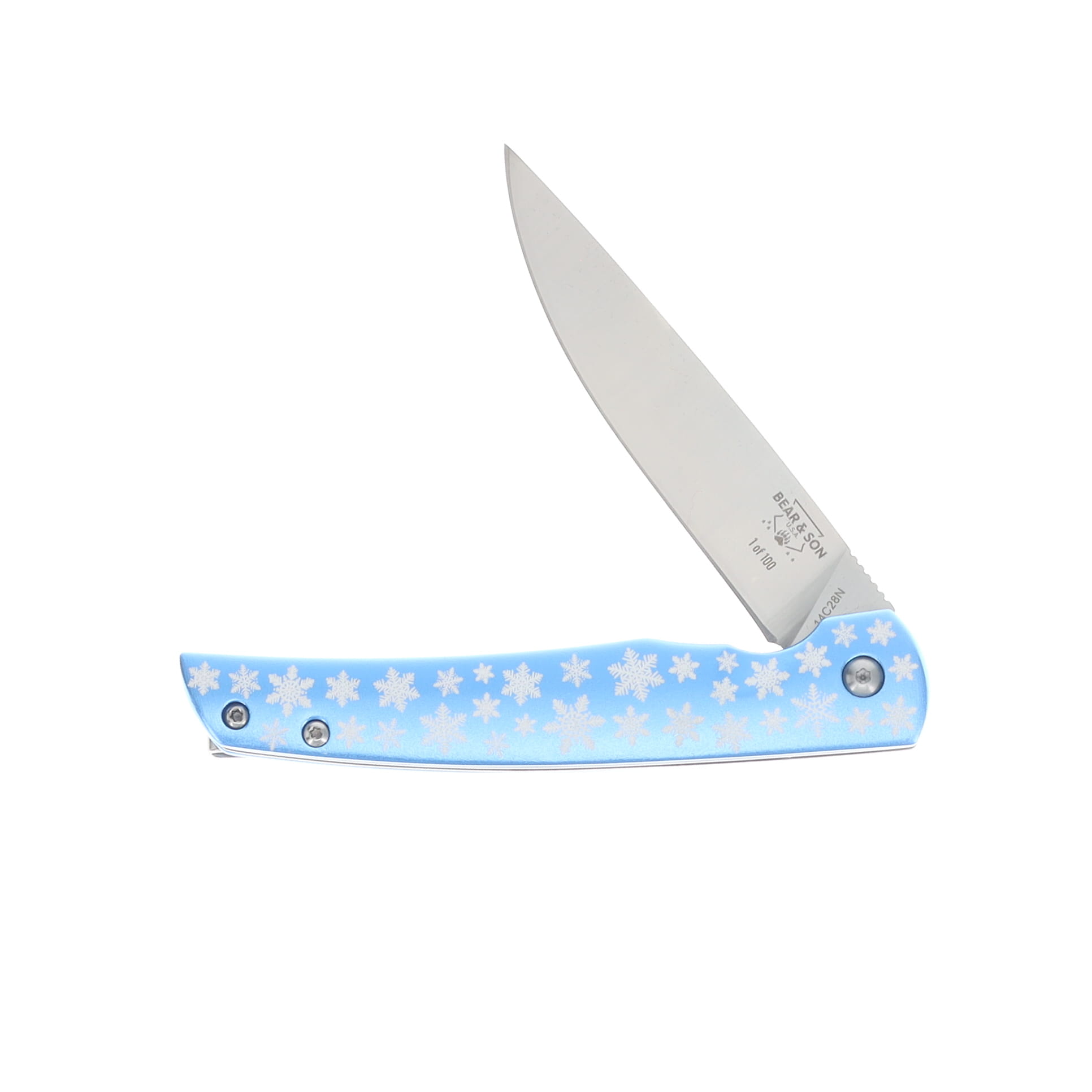 Bear & Son Rancher Blue - White Snowflake 3.25in Plain Satin Drop Point BR121BLSF View 3