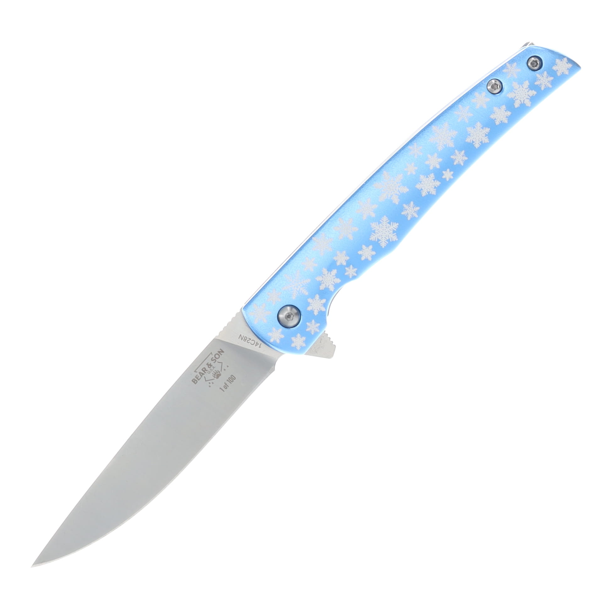 Bear & Son Rancher Blue - White Snowflake 3.25in Plain Satin Drop Point BR121BLSF View 1