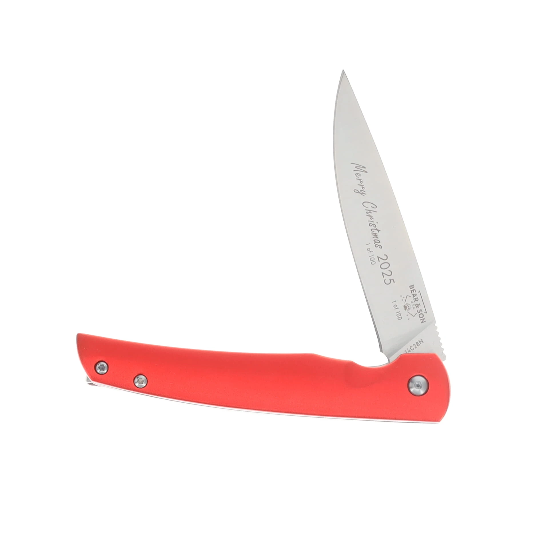 Bear & Son Rancher Red 3.25in Plain Satin Merry Christmas 2025 Drop Point BR121RDMC25 View 3