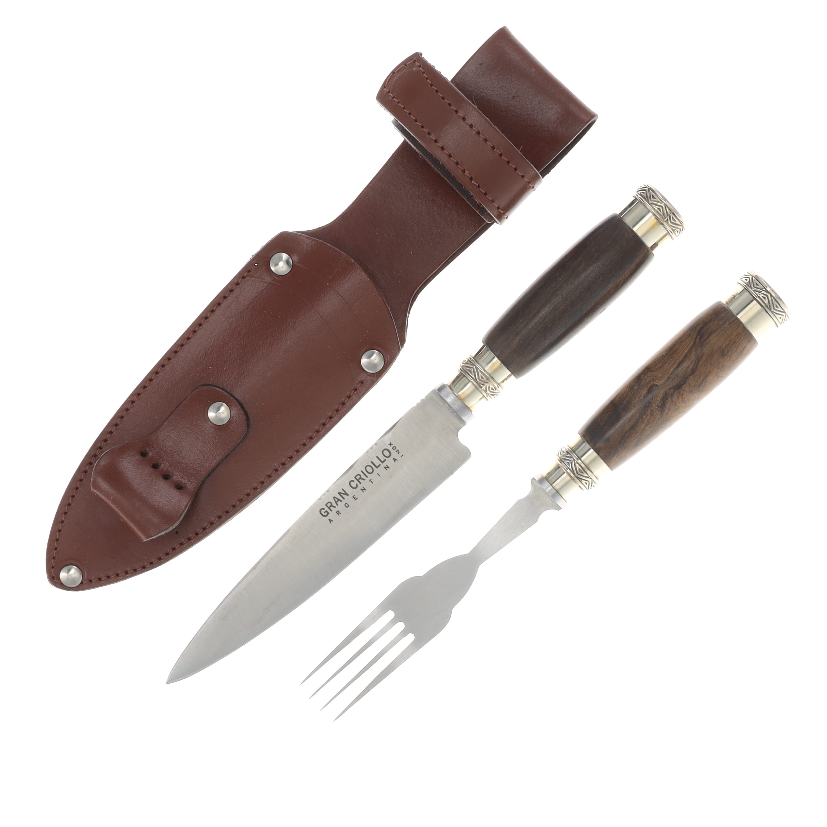 Patagon Knives 2PC Picnic Set Wood/Alpaca Handle W/Leather Sheath PS-W&A-00 View 1