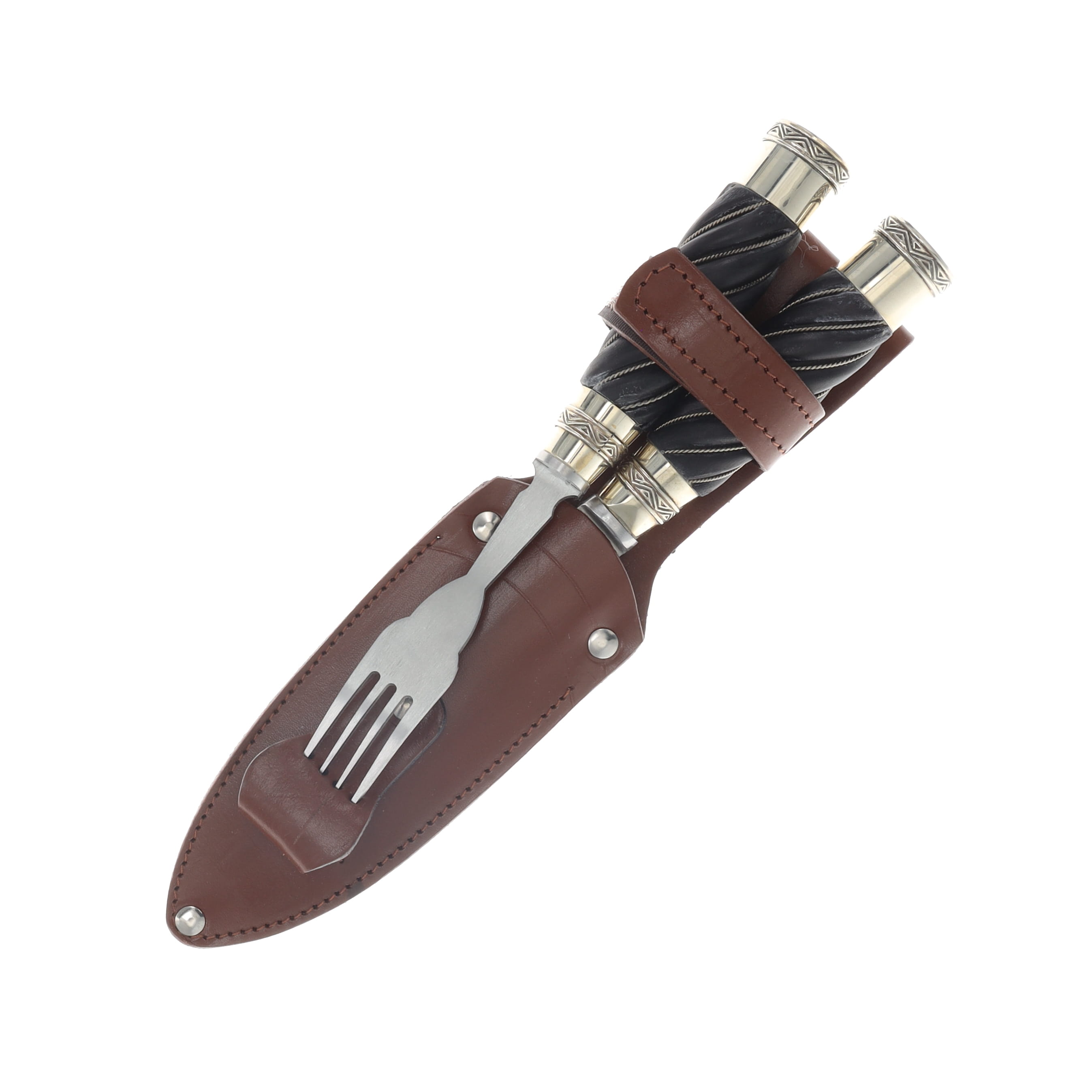 Patagon Knives 2PC Picnic Set Black Ridged Wood Handle W/Leather Sheath PS-BRW-00 View 4