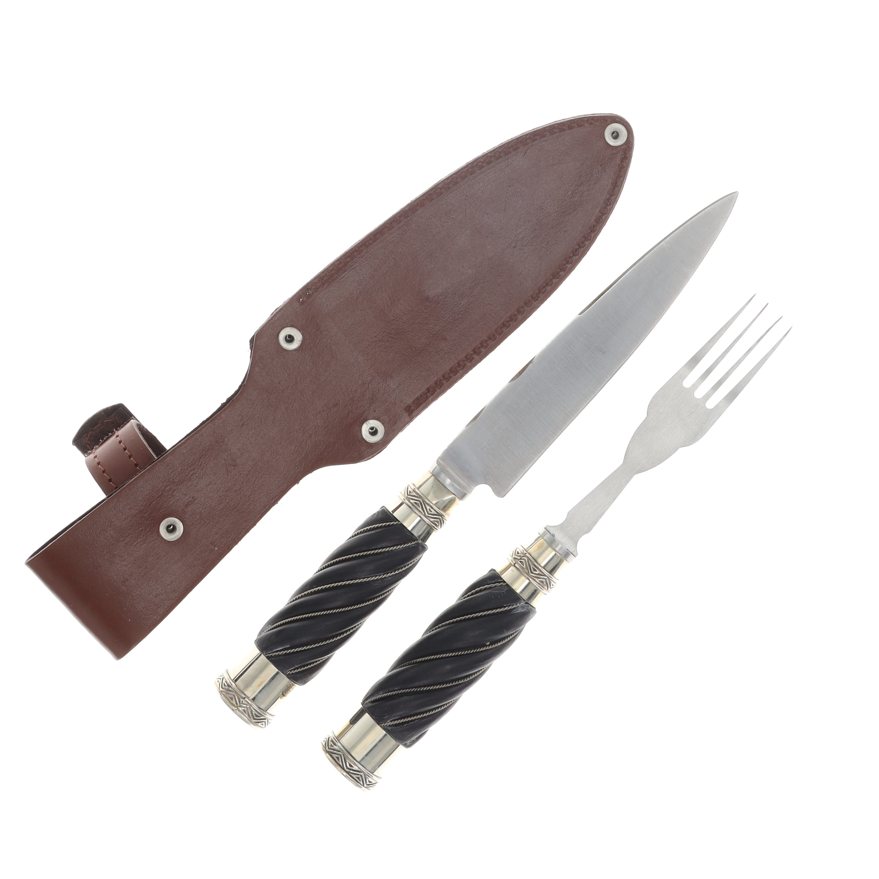 Patagon Knives 2PC Picnic Set Black Ridged Wood Handle W/Leather Sheath PS-BRW-00 View 2