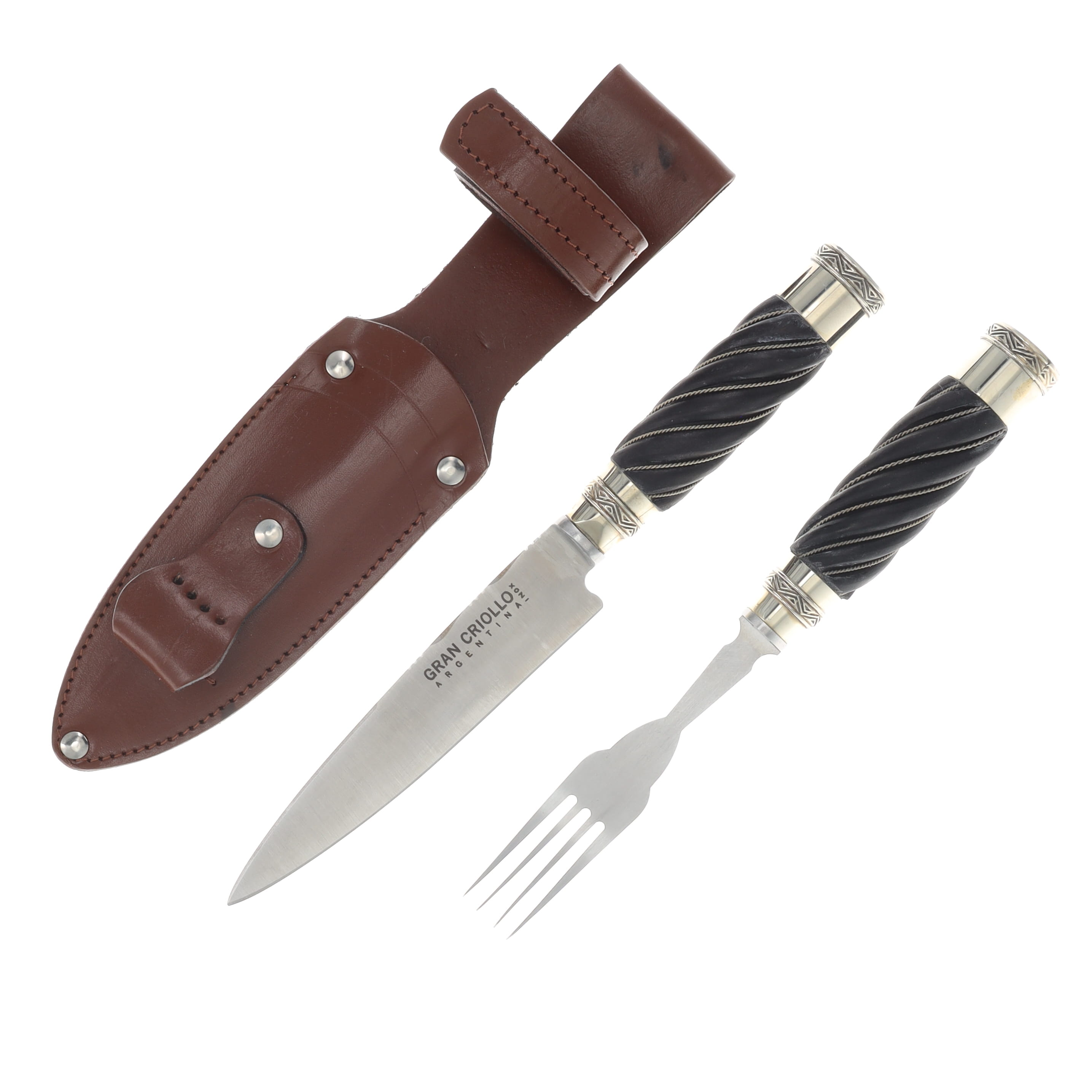 Patagon Knives 2PC Picnic Set Black Ridged Wood Handle W/Leather Sheath PS-BRW-00 View 1