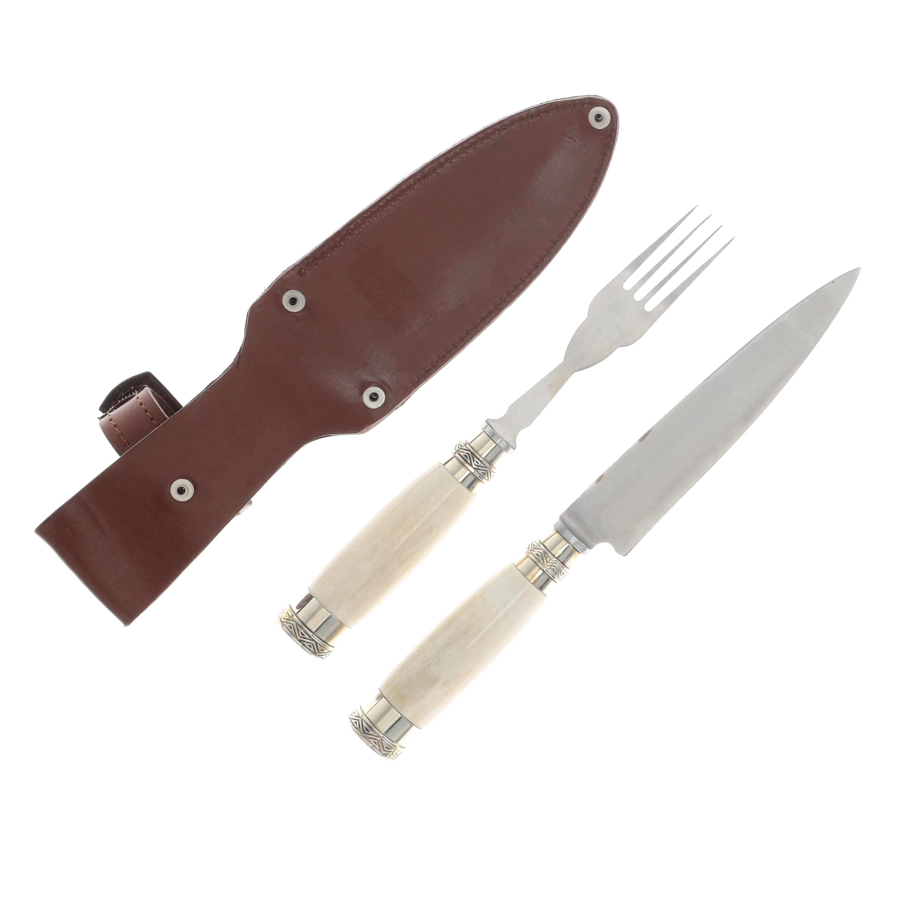Patagon Knives 2PC Picnic Set Bone/ Alpaca Handle W/Leather Sheath PS-B&A-00 View 2