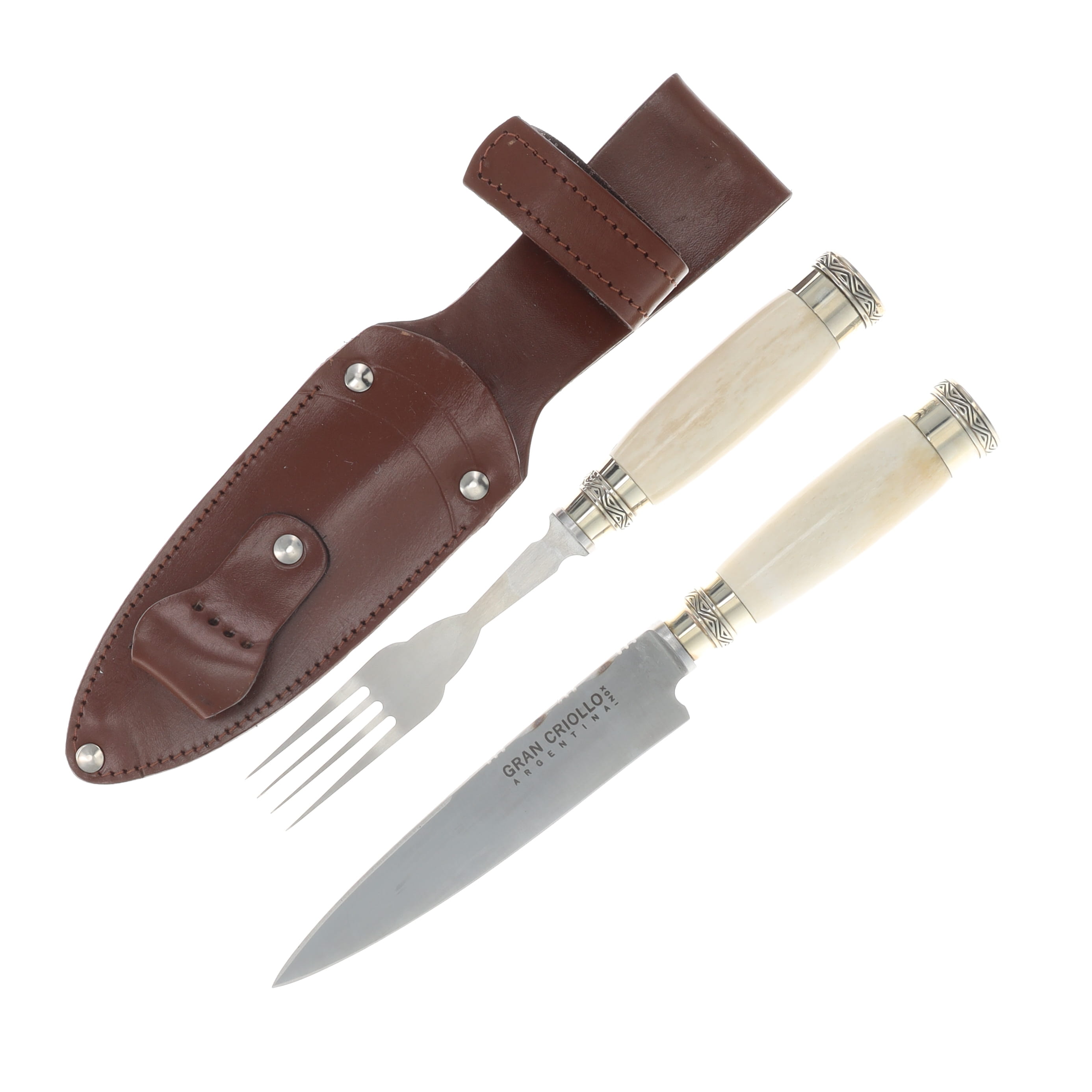 Patagon Knives 2PC Picnic Set Bone/ Alpaca Handle W/Leather Sheath PS-B&A-00 View 1