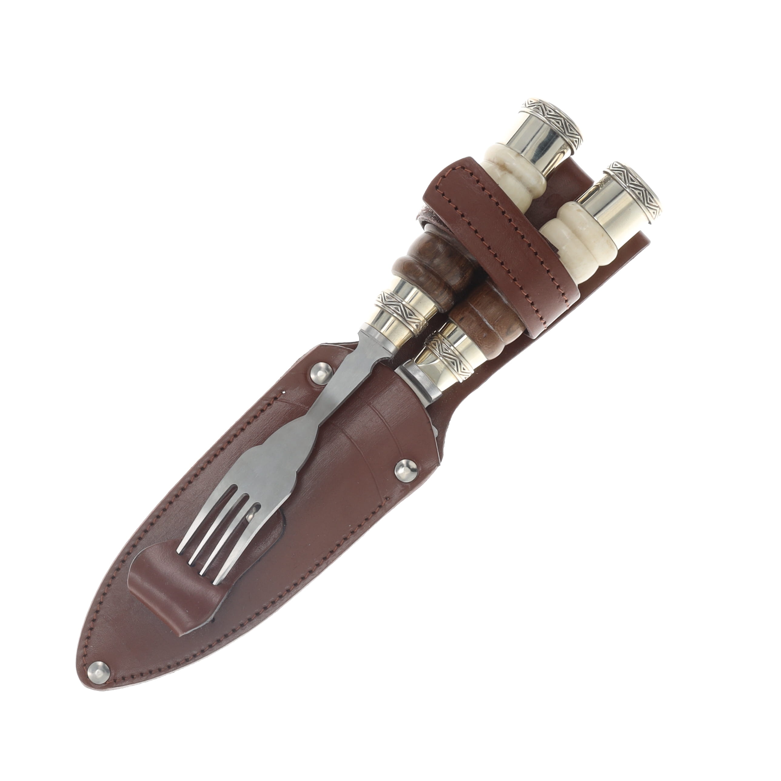 Patagon Knives 2PC Picnic Set Bone/Wood Handle W/Leather Sheath PS-B&W-00 View 3