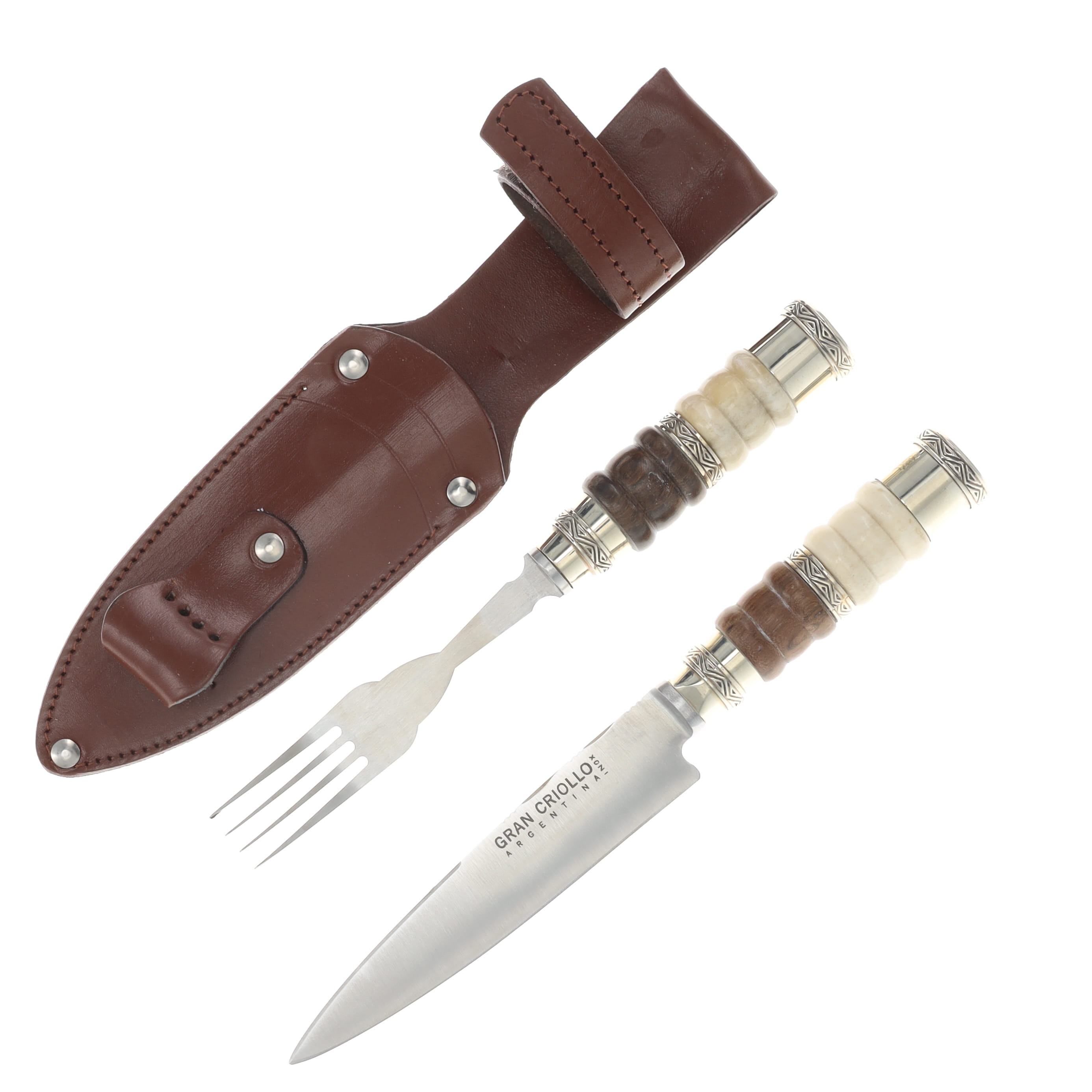 Patagon Knives 2PC Picnic Set Bone/Wood Handle W/Leather Sheath PS-B&W-00 View 1