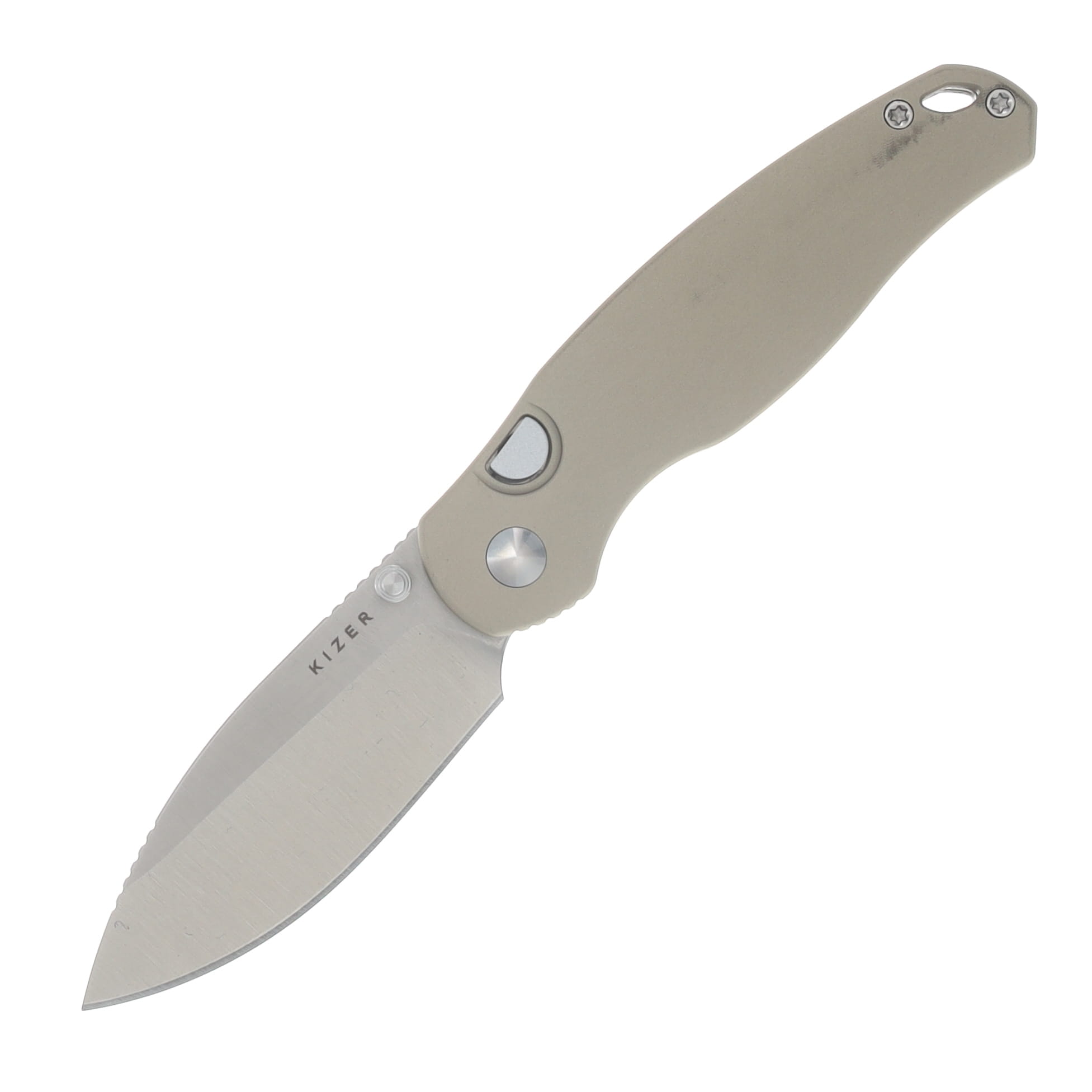 Kizer Phoca BD Folding Knife Sand Aluminum Handle Satin 14C28N Drop Point Blade V3781BDA2 View 1