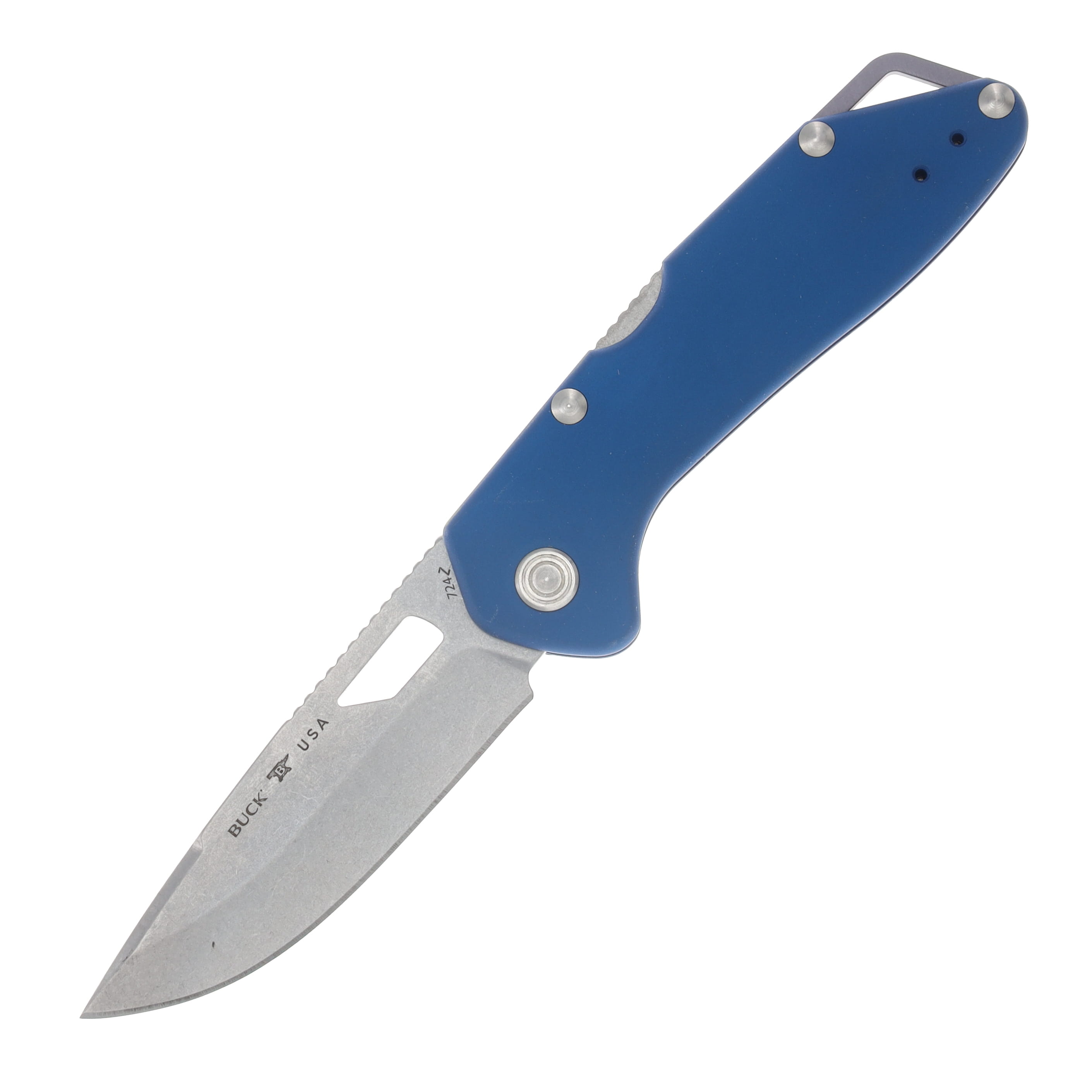Buck 724 Mustang Folding Knife Blue Aluminum Handle SW 420HC Drop Point Blade BU14394 View 1